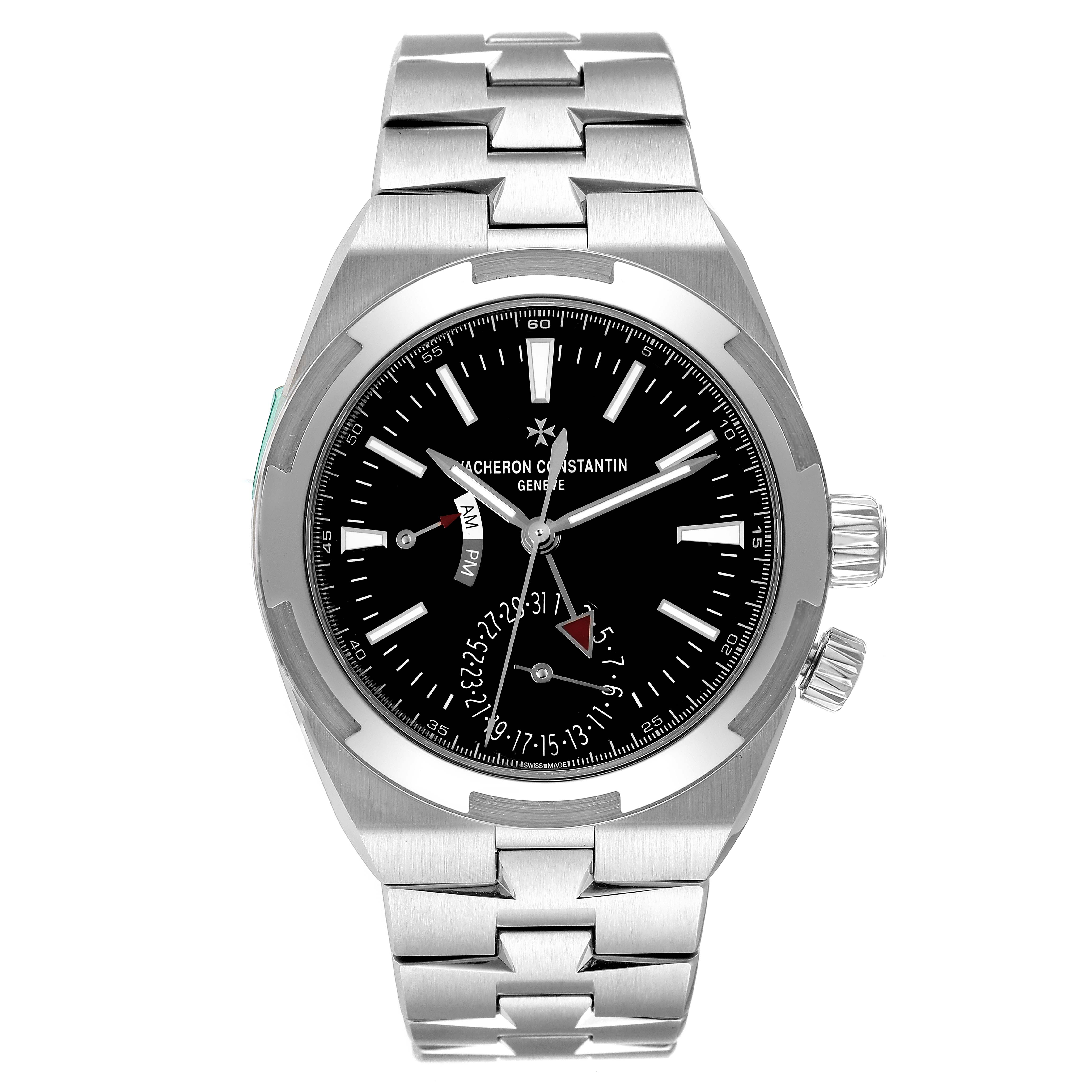 The Vacheron Constantin Overseas 7900V/110A Men
s Stainless Steel Black Dial 7900V/110A Men
s Stainless Steel Black Dial watch is shown from a front angle, highlighting its face, bezel, and metal bracelet.