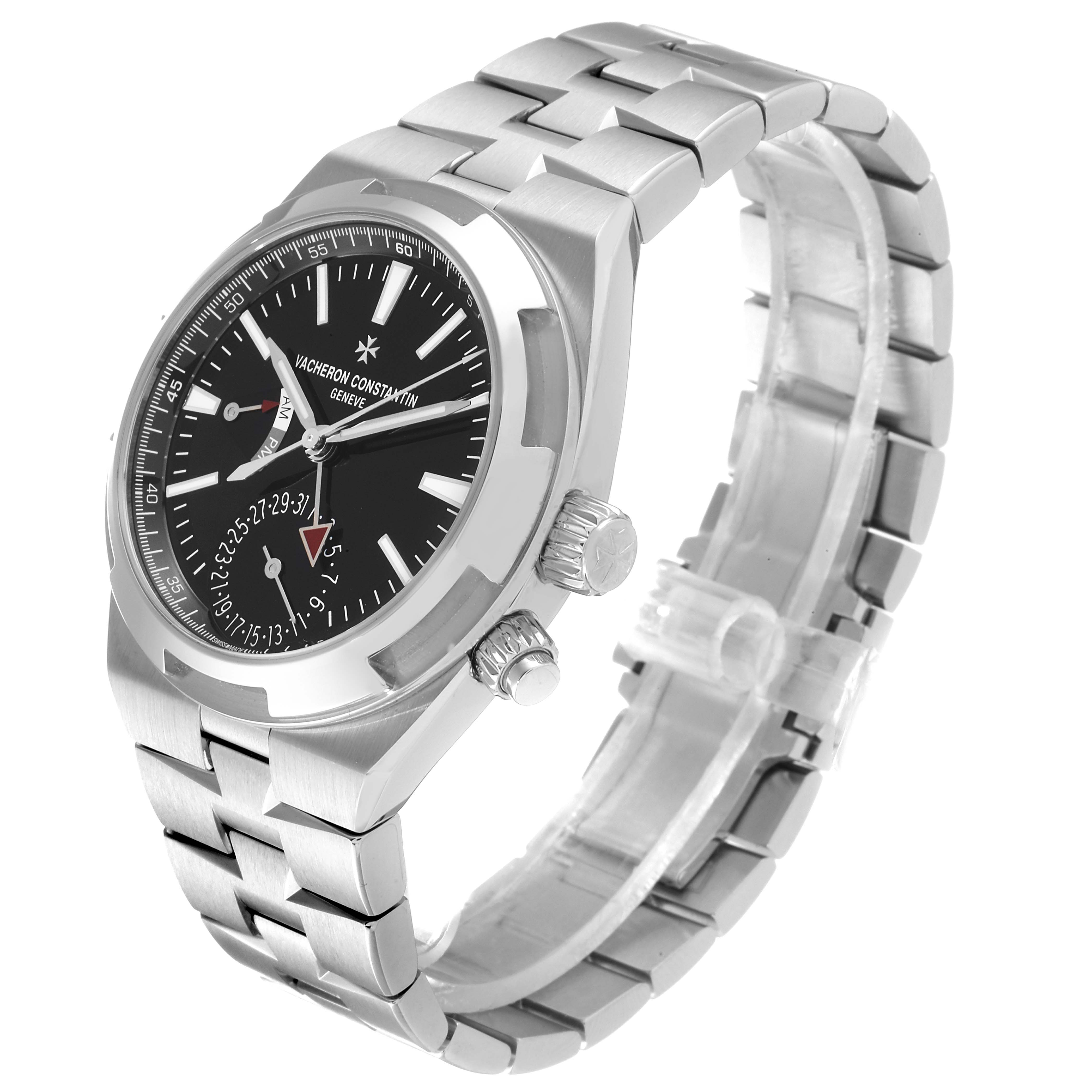 The image shows a Vacheron Constantin Overseas 7900V/110A Men
s Stainless Steel Black Dial 7900V/110A Men
s Stainless Steel Black Dial model watch at a three-quarter angle, highlighting its dial, crown, and bracelet.