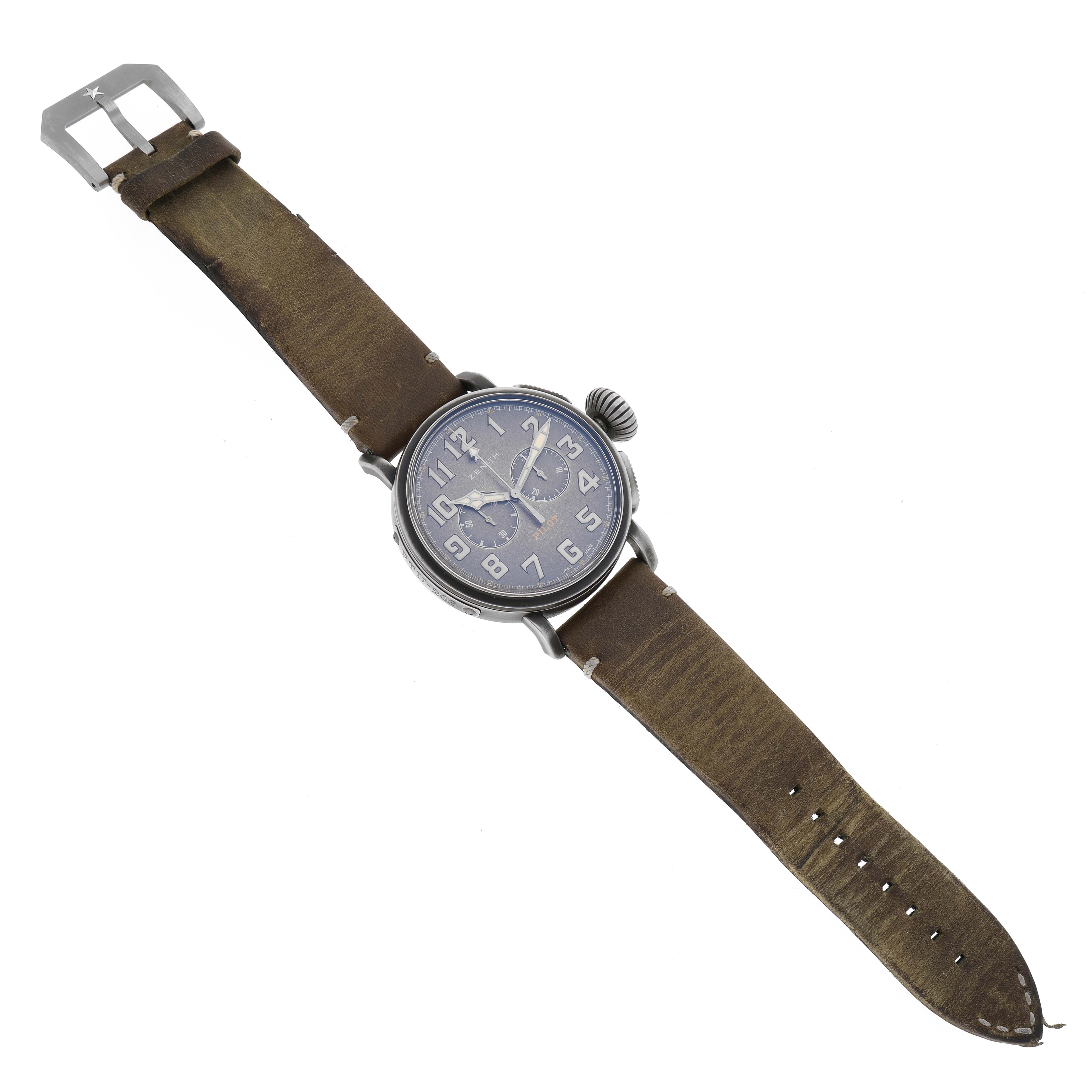 The image shows a Zenith Pilot 11.2430.4069 Men's Stainless Steel Grey Dial 11.2430.4069 Men's Stainless Steel Grey Dial model watch viewed from above, displaying the entire watch face and strap.