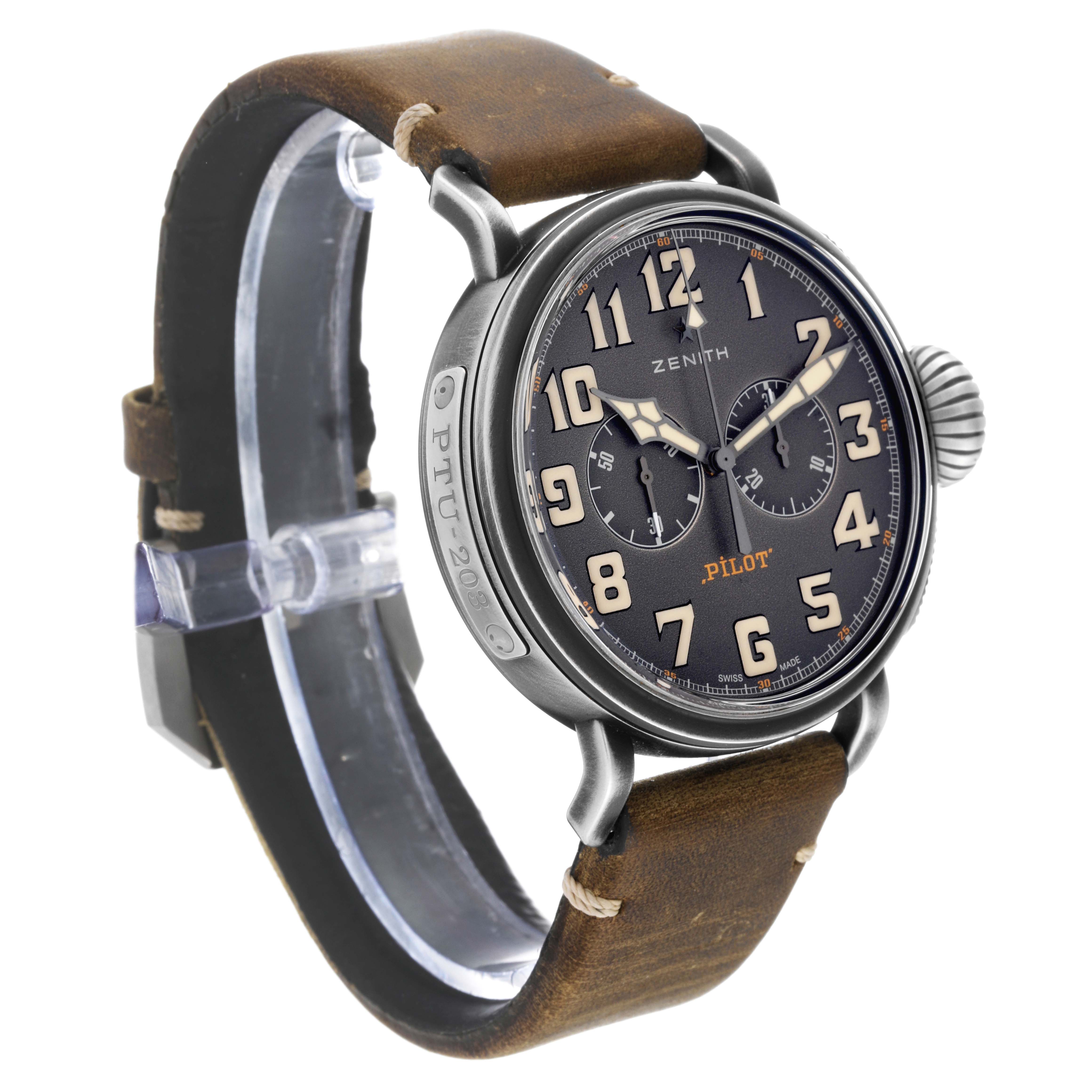The image shows a Zenith Pilot 11.2430.4069 Men's Stainless Steel Grey Dial 11.2430.4069 Men's Stainless Steel Grey Dial watch at a 3/4 angle, highlighting the face, crown, and brown leather strap.