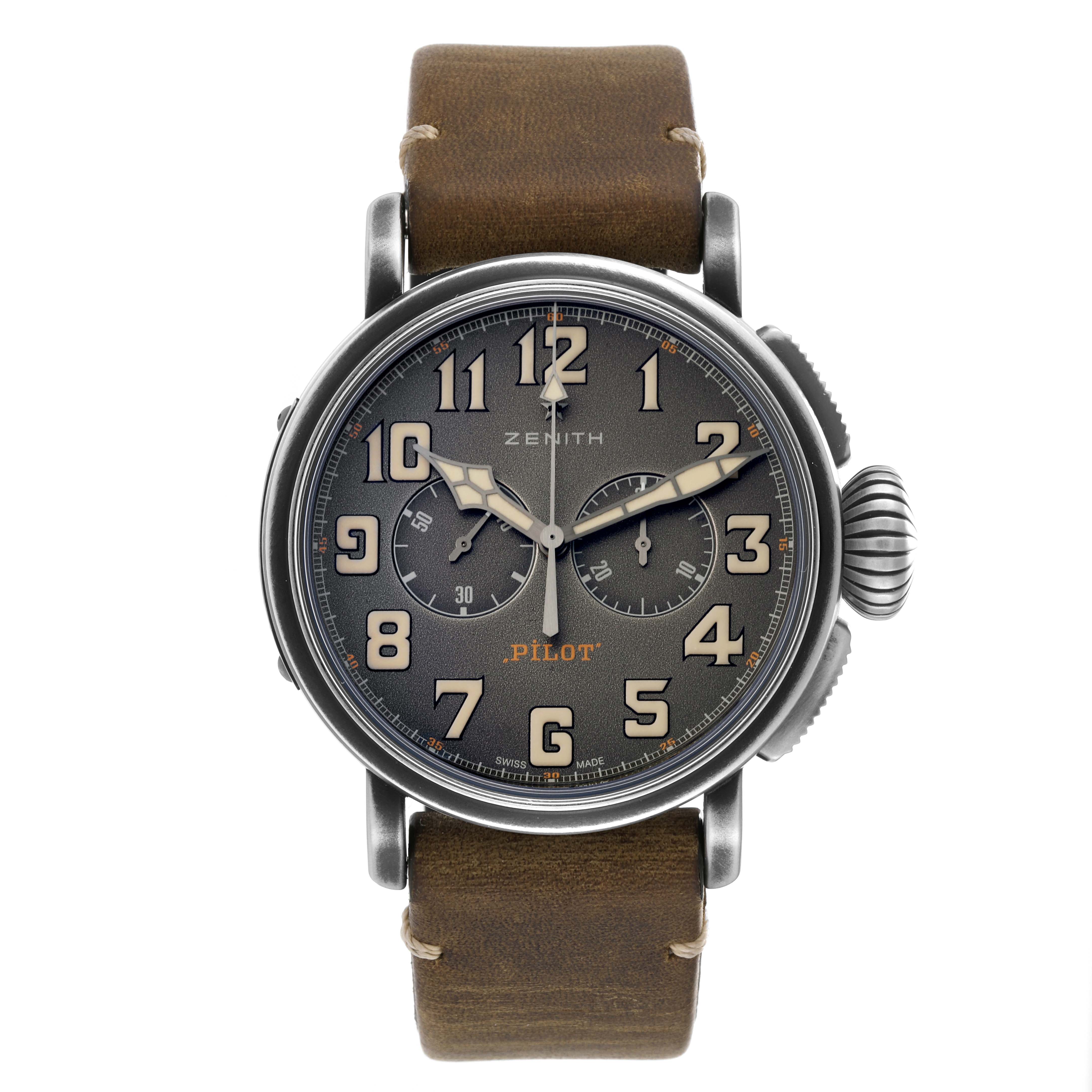 The Zenith Pilot 11.2430.4069 Men's Stainless Steel Grey Dial 11.2430.4069 Men's Stainless Steel Grey Dial watch is shown from the front angle, displaying its dial, hands, and leather strap.