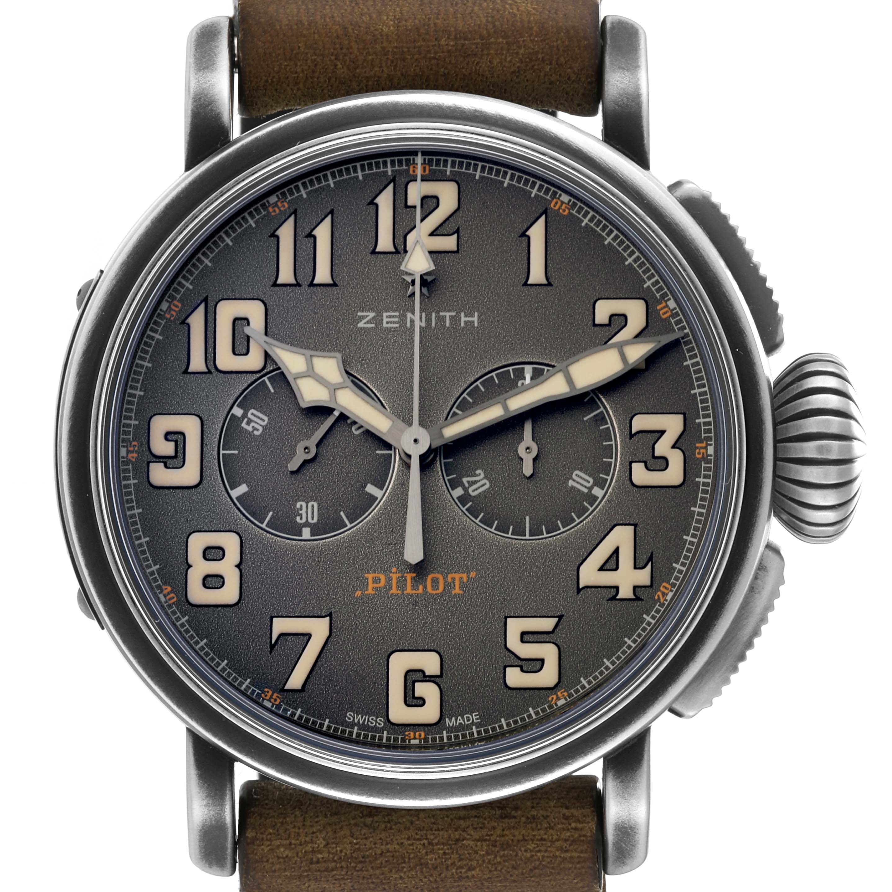 The image displays the front view of the Zenith Pilot 11.2430.4069 Men's Stainless Steel Grey Dial 11.2430.4069 Men's Stainless Steel Grey Dial watch, showing its dial, numerals, hands, crown, and strap.