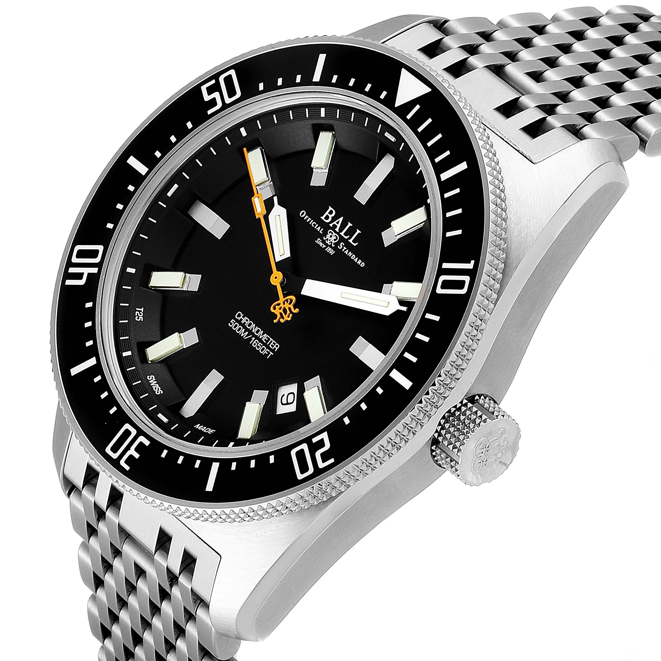 The image shows a Ball Engineer DM3108A-SCJ-BK Men's Stainless Steel Black Dial DM3108A-SCJ-BK Men's Stainless Steel Black Dial model watch from an angled view, highlighting the face, bezel, crown, and metal bracelet.