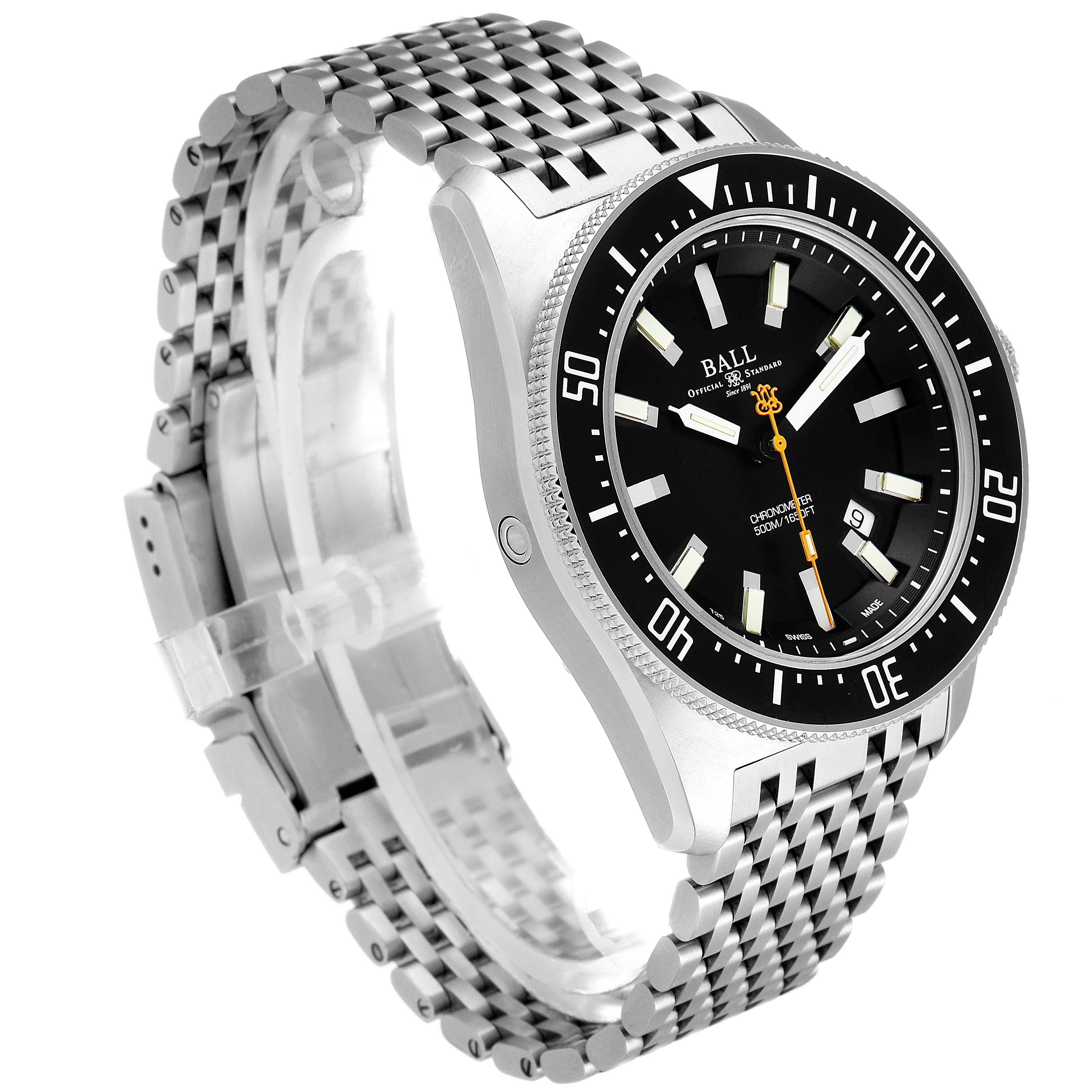 The image shows a side angle of the Ball Engineer DM3108A-SCJ-BK Men's Stainless Steel Black Dial DM3108A-SCJ-BK Men's Stainless Steel Black Dial model watch, highlighting the bezel, dial, and metal strap.