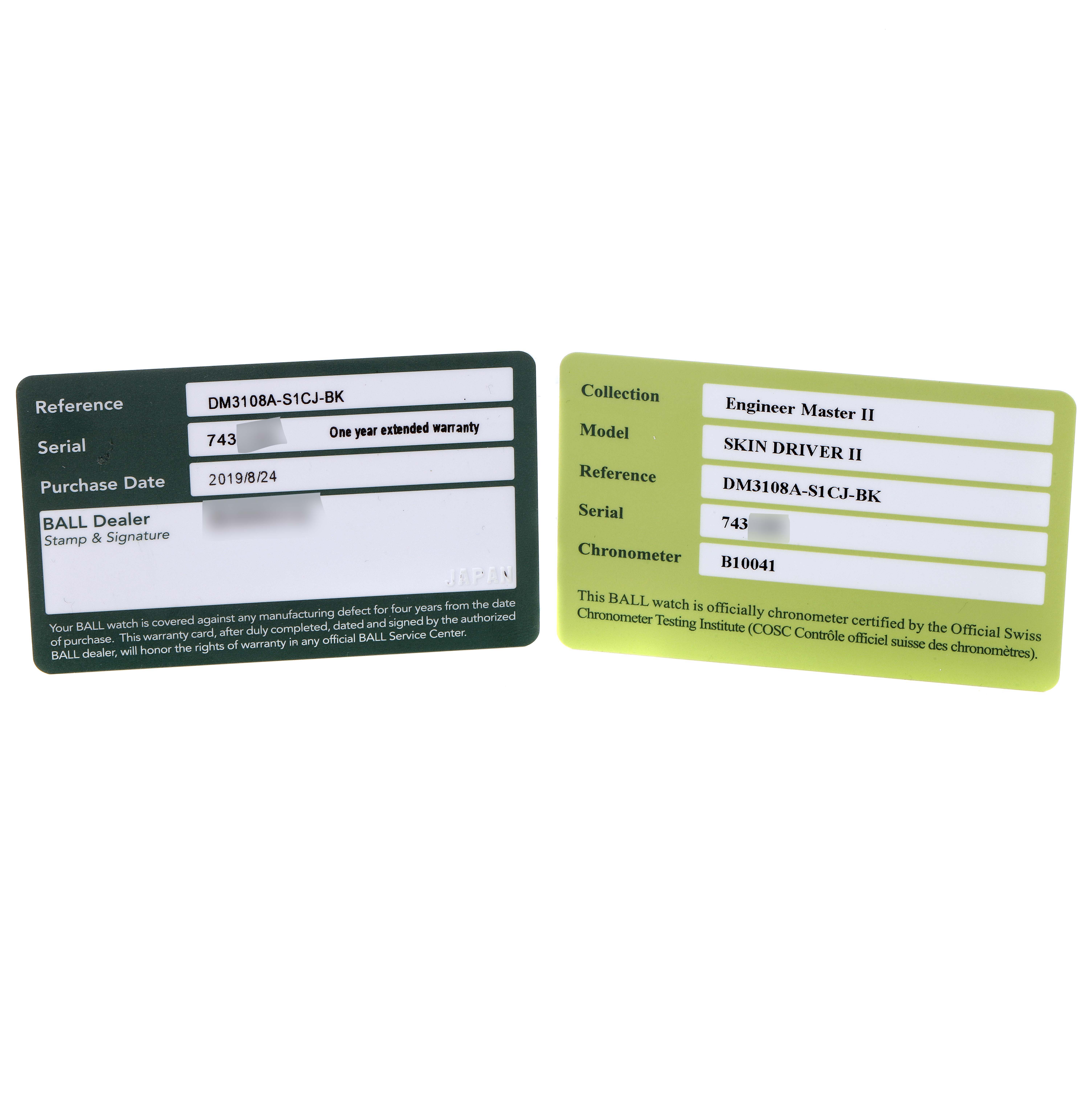 The image shows warranty and certification cards for the Ball Engineer DM3108A-SCJ-BK Men's Stainless Steel Black Dial DM3108A-SCJ-BK Men's Stainless Steel Black Dial Master II Skin Driver II model watch.