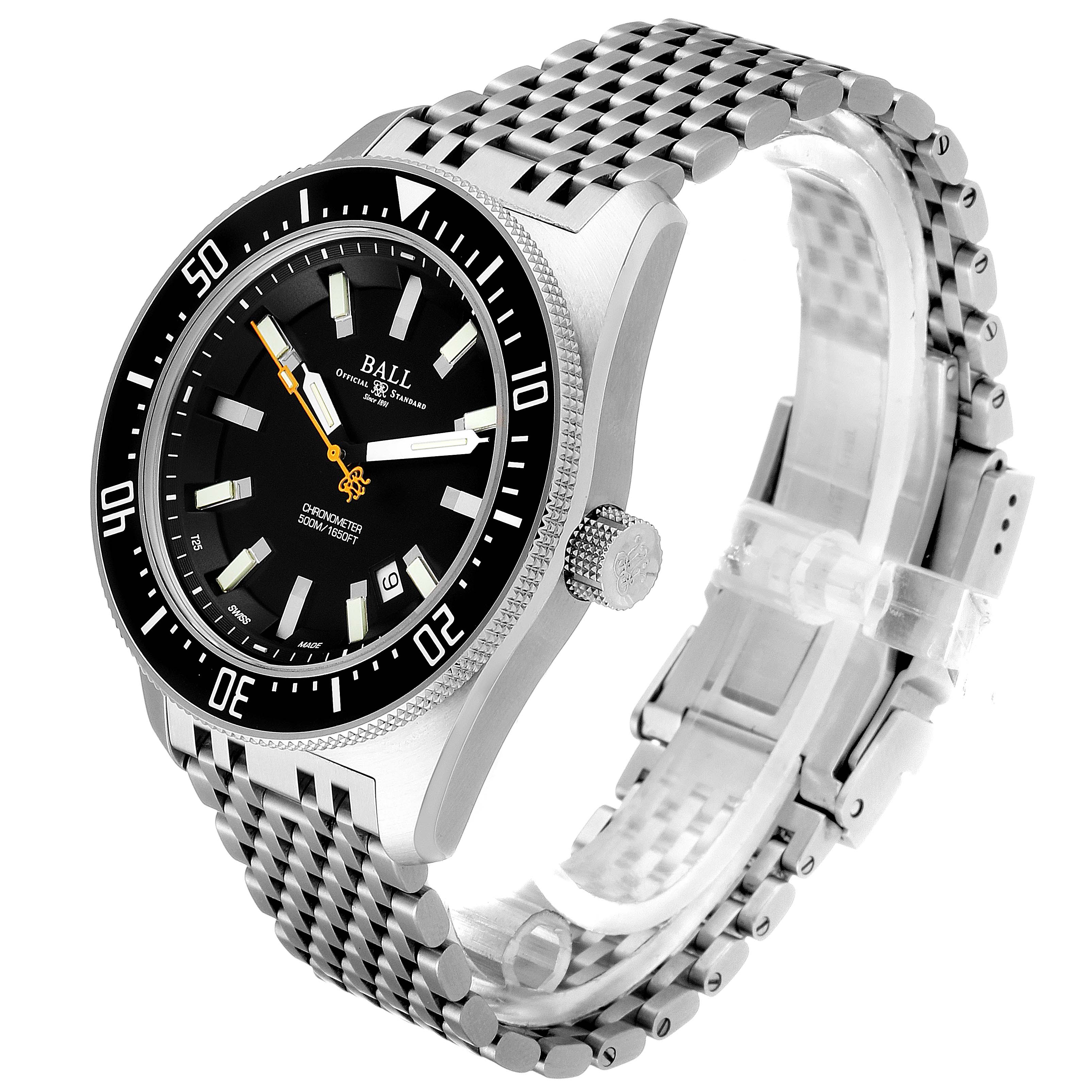 The image shows a side angle of the Ball Engineer DM3108A-SCJ-BK Men's Stainless Steel Black Dial DM3108A-SCJ-BK Men's Stainless Steel Black Dial model watch, highlighting its face, bezel, crown, and bracelet.