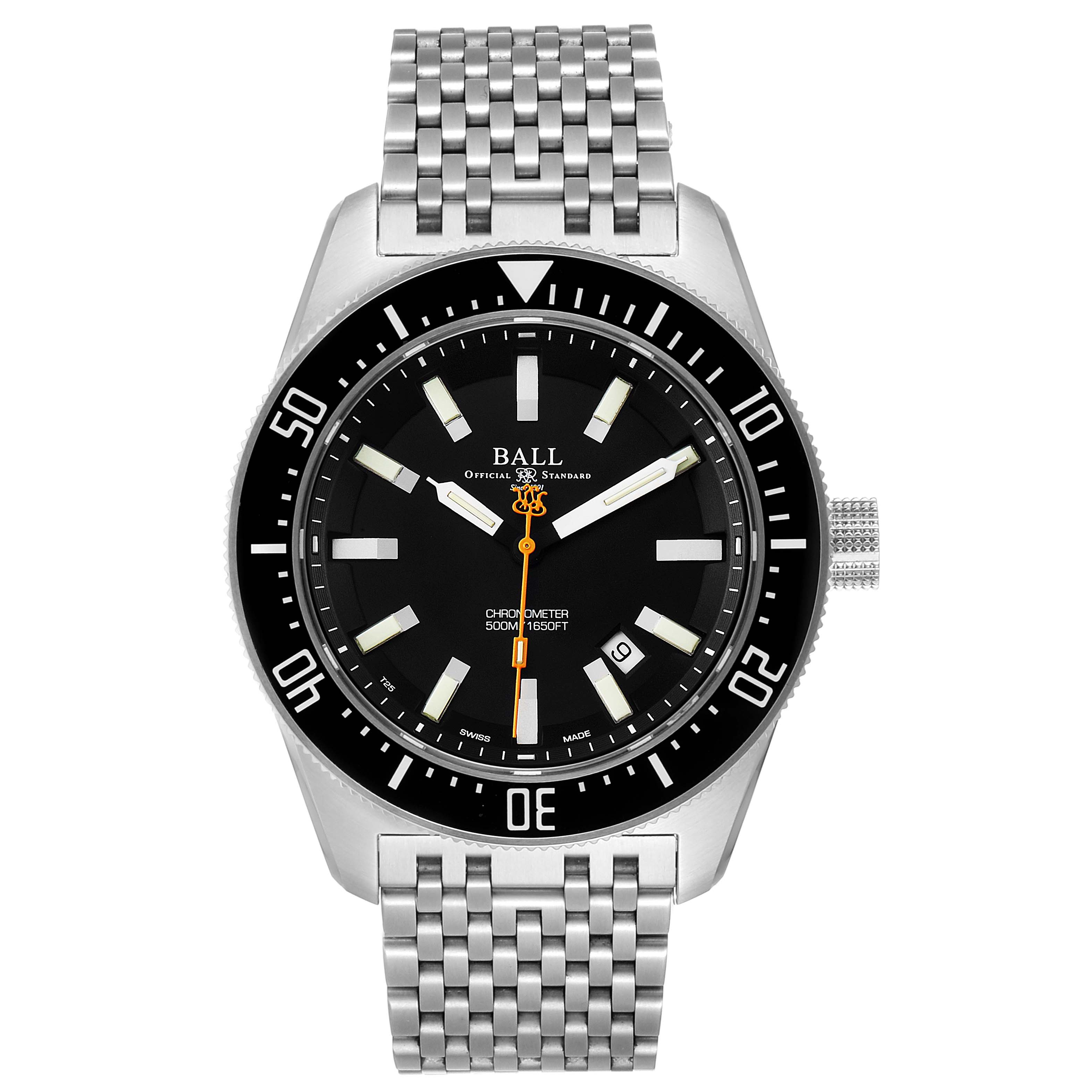 The image shows a frontal view of the Ball Engineer DM3108A-SCJ-BK Men's Stainless Steel Black Dial DM3108A-SCJ-BK Men's Stainless Steel Black Dial model watch, highlighting its black dial, steel bracelet, and bezel.