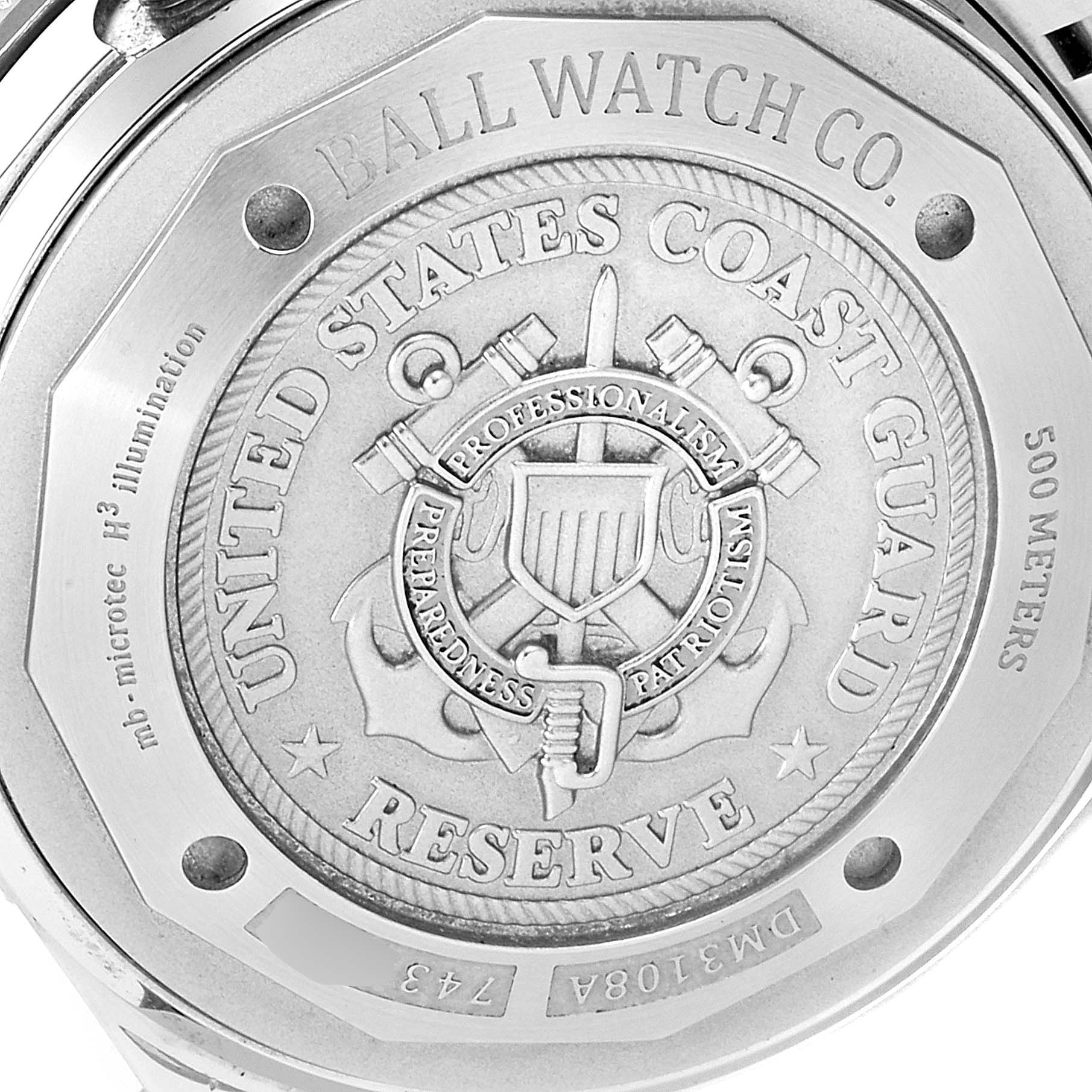 This is a close-up of the back case of the Ball Engineer DM3108A-SCJ-BK Men's Stainless Steel Black Dial DM3108A-SCJ-BK Men's Stainless Steel Black Dial model watch, showcasing its intricate design and engravings.