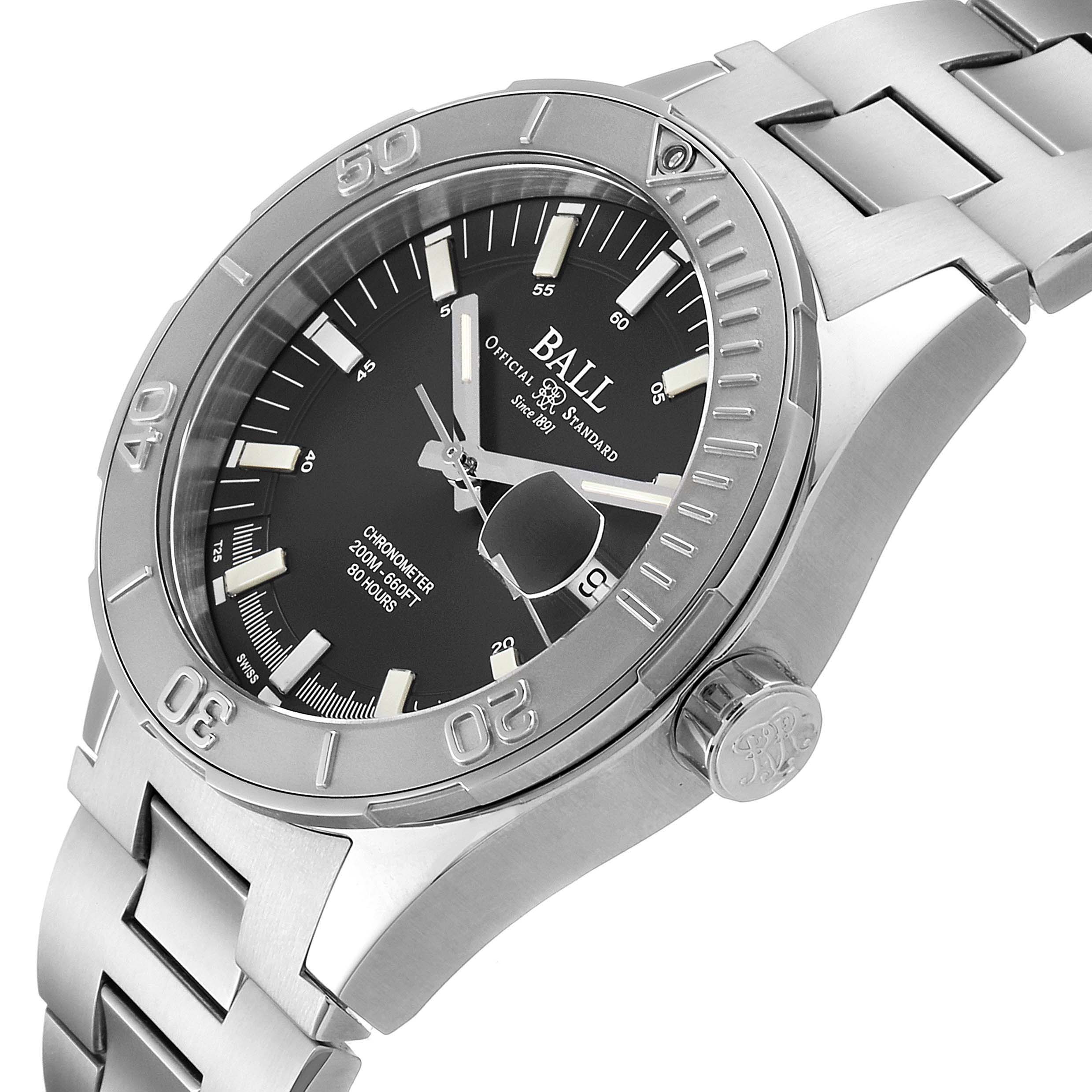 The image shows a Ball Roadmaster DM3130B-S3CJ-GY Men's Stainless Steel Grey Dial DM3130B-S3CJ-GY Men's Stainless Steel Grey Dial watch from an angled perspective, highlighting its face, bezel, crown, and metal bracelet.