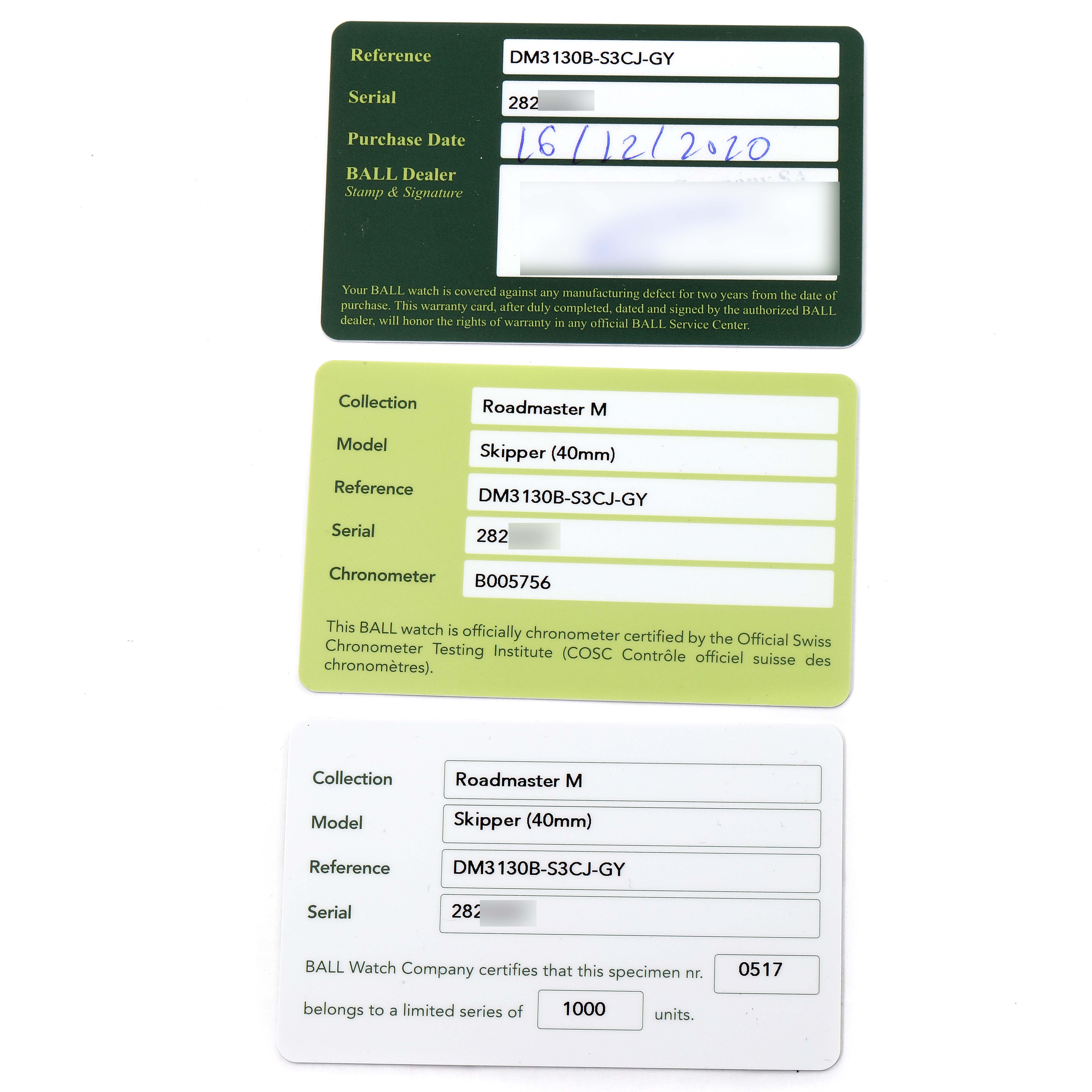 Three warranty and certification cards for the Ball Roadmaster DM3130B-S3CJ-GY Men's Stainless Steel Grey Dial DM3130B-S3CJ-GY Men's Stainless Steel Grey Dial model watch are shown laid flat.