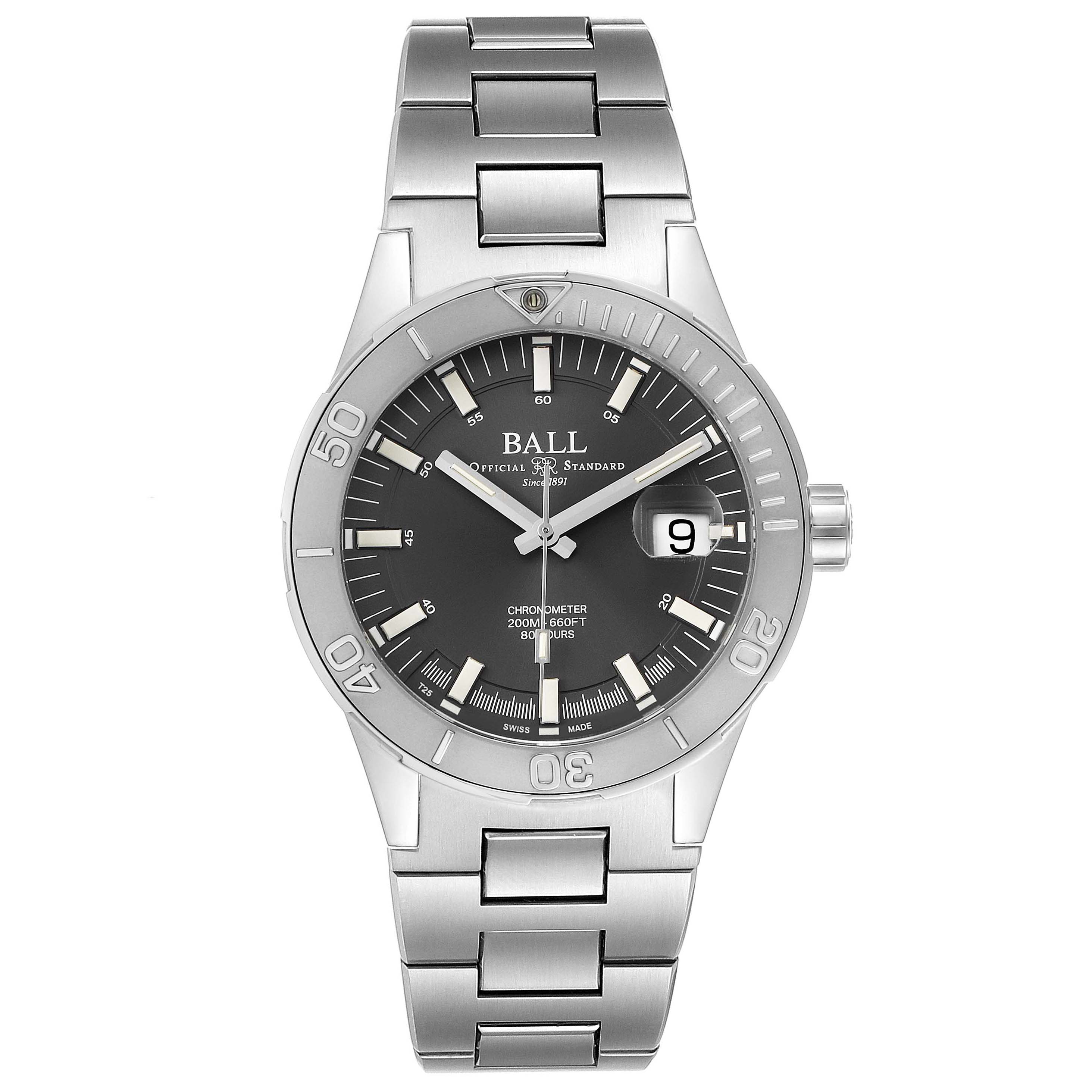 The image shows a front view of the Ball Roadmaster DM3130B-S3CJ-GY Men's Stainless Steel Grey Dial DM3130B-S3CJ-GY Men's Stainless Steel Grey Dial watch with its face, bezel, and bracelet clearly visible.
