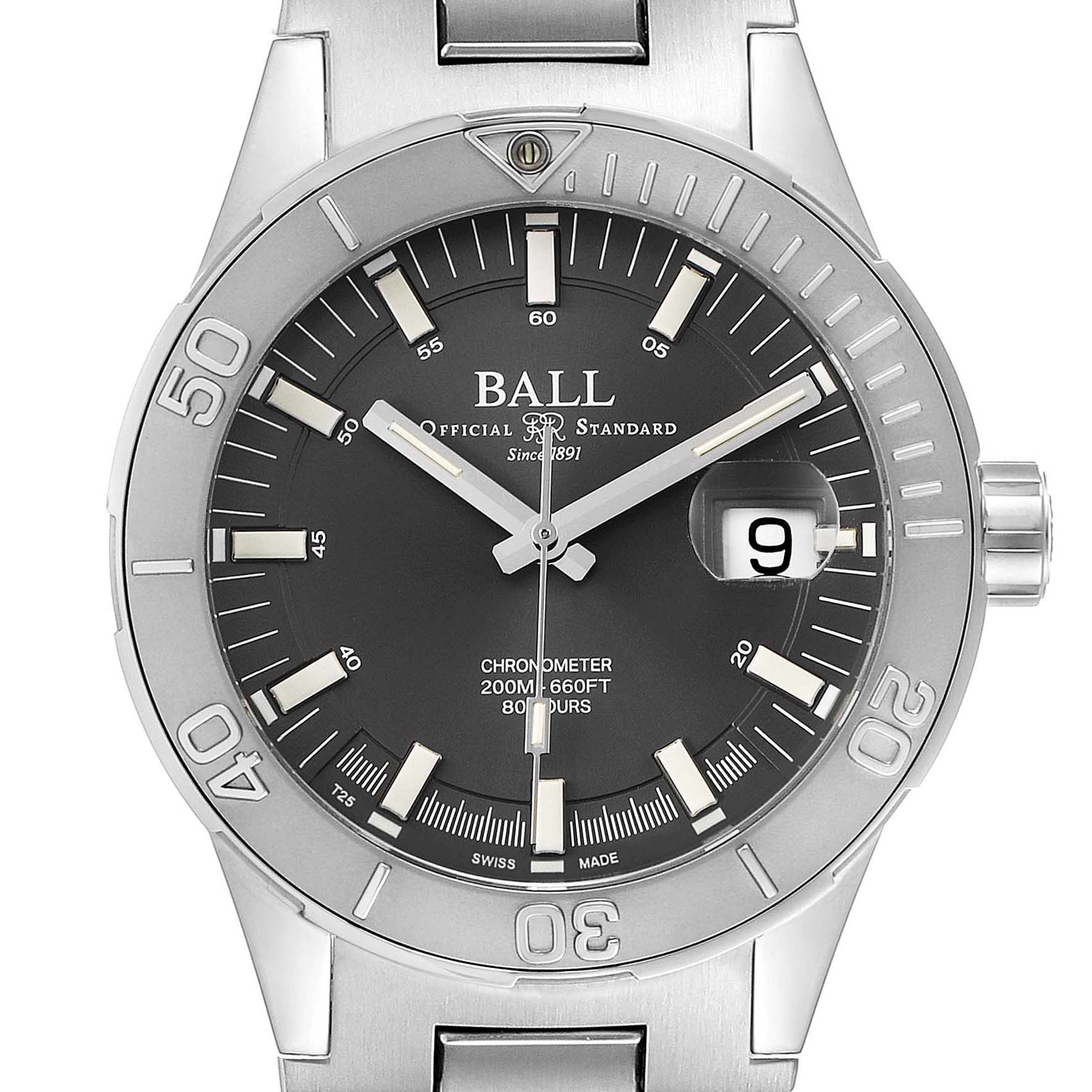 The image shows a front view of a Ball Roadmaster DM3130B-S3CJ-GY Men's Stainless Steel Grey Dial DM3130B-S3CJ-GY Men's Stainless Steel Grey Dial watch, detailing the face, bezel, hands, and date window.