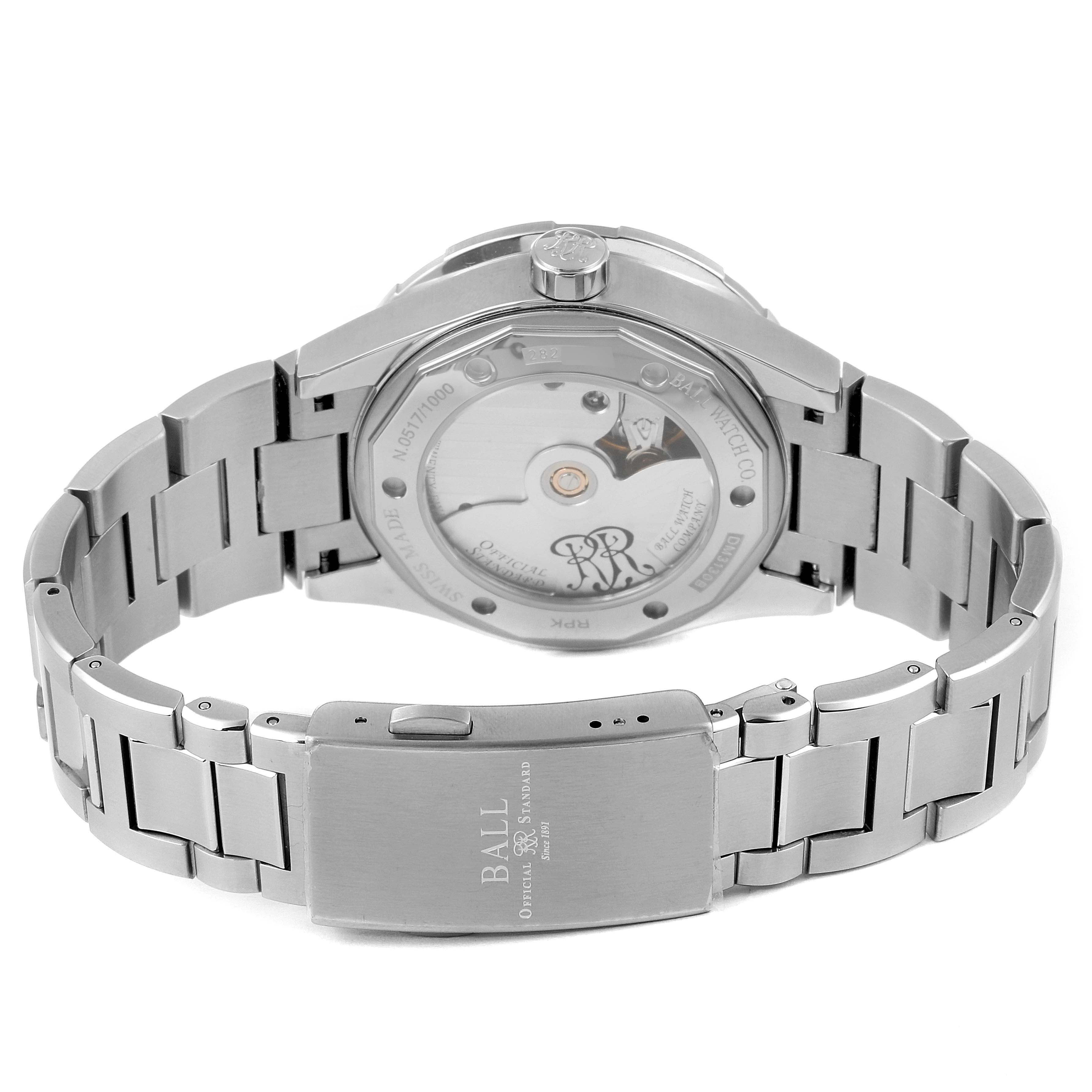 The image shows the back and bracelet of the Ball Roadmaster DM3130B-S3CJ-GY Men's Stainless Steel Grey Dial DM3130B-S3CJ-GY Men's Stainless Steel Grey Dial watch, highlighting the movement through a transparent case back.