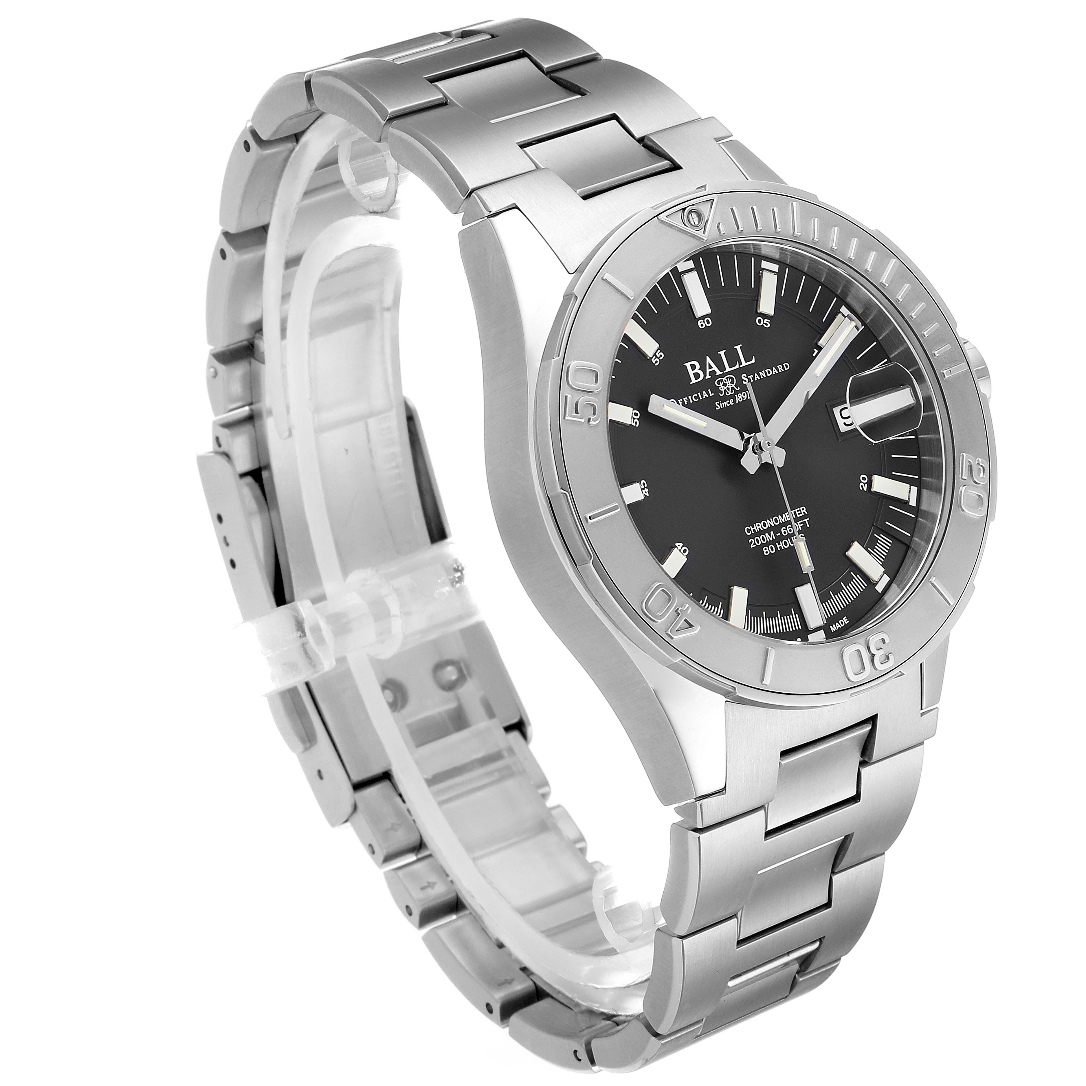 The image shows the Ball Roadmaster DM3130B-S3CJ-GY Men's Stainless Steel Grey Dial DM3130B-S3CJ-GY Men's Stainless Steel Grey Dial watch from an angle highlighting the face, bezel, and stainless steel bracelet.