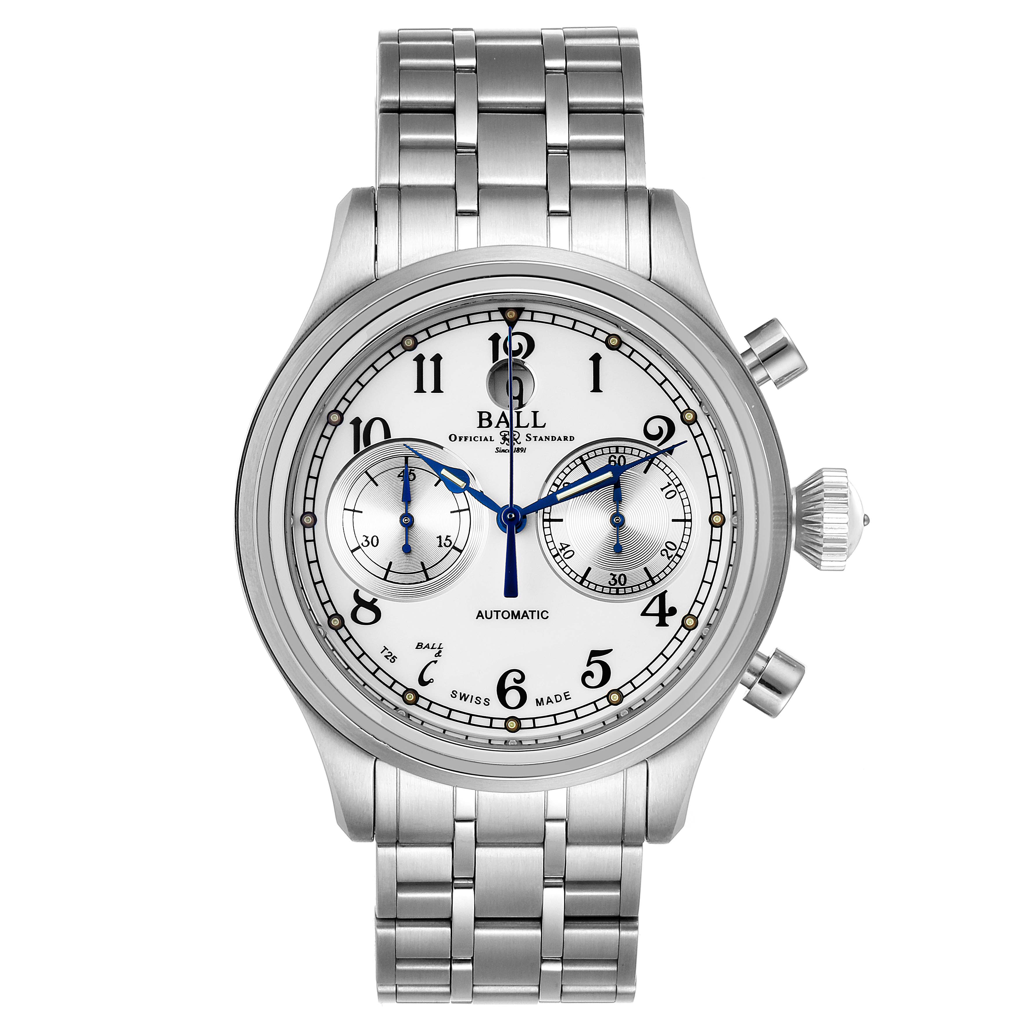 The image shows a front view of the Ball Trainmaster CM1052D-S3J-WH Men's Stainless Steel White Dial CM1052D-S3J-WH Men's Stainless Steel White Dial watch, highlighting the dial, subdials, crown, pushers, and stainless steel bracelet.