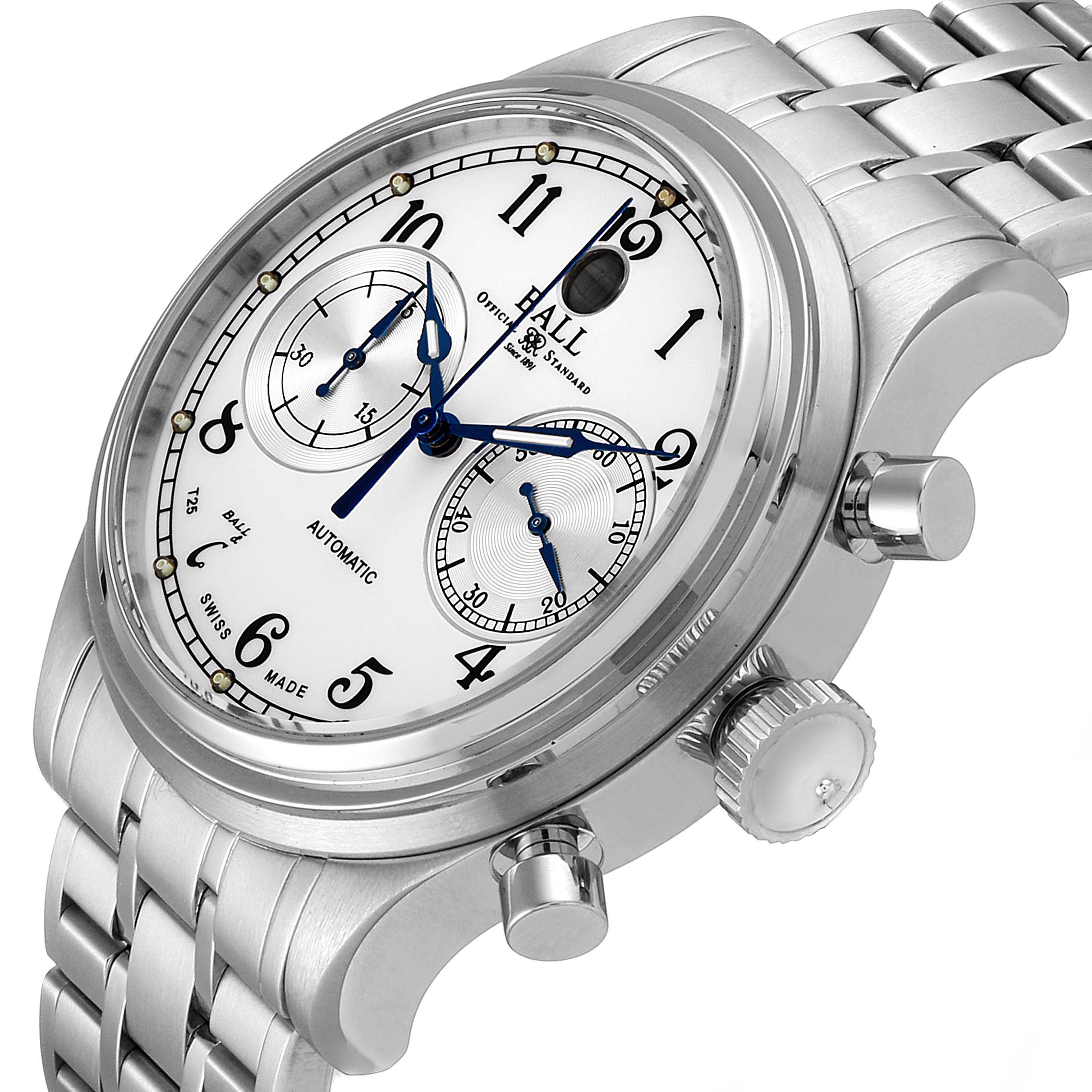 The image shows a side angle view of the Ball Trainmaster CM1052D-S3J-WH Men's Stainless Steel White Dial CM1052D-S3J-WH Men's Stainless Steel White Dial watch, highlighting its face, bezel, and buttons on the side.