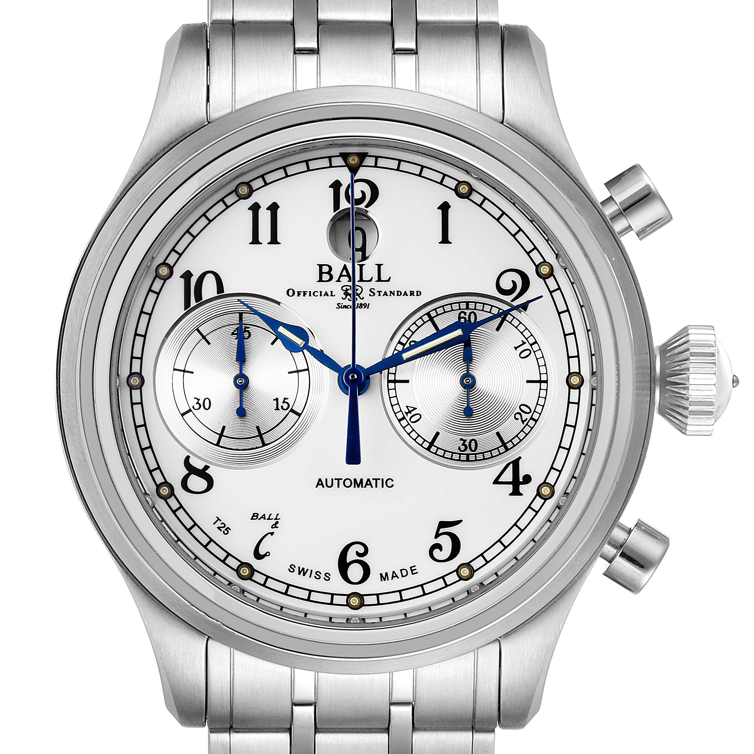The image shows the front view of a Ball Trainmaster CM1052D-S3J-WH Men's Stainless Steel White Dial CM1052D-S3J-WH Men's Stainless Steel White Dial model watch, highlighting its dial and chronograph features.