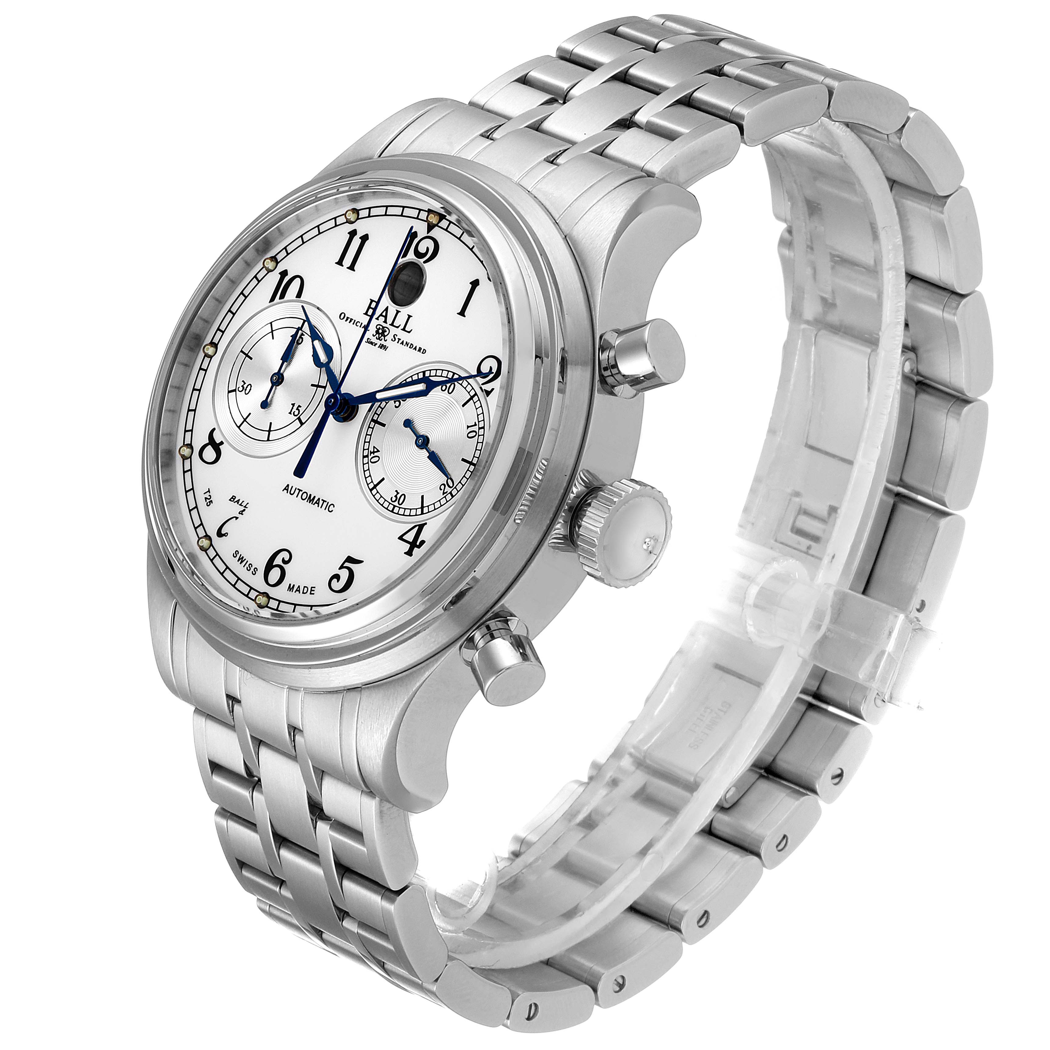 The Ball Trainmaster CM1052D-S3J-WH Men's Stainless Steel White Dial CM1052D-S3J-WH Men's Stainless Steel White Dial watch is shown at a three-quarter angle displaying its face, side buttons, and metal strap.