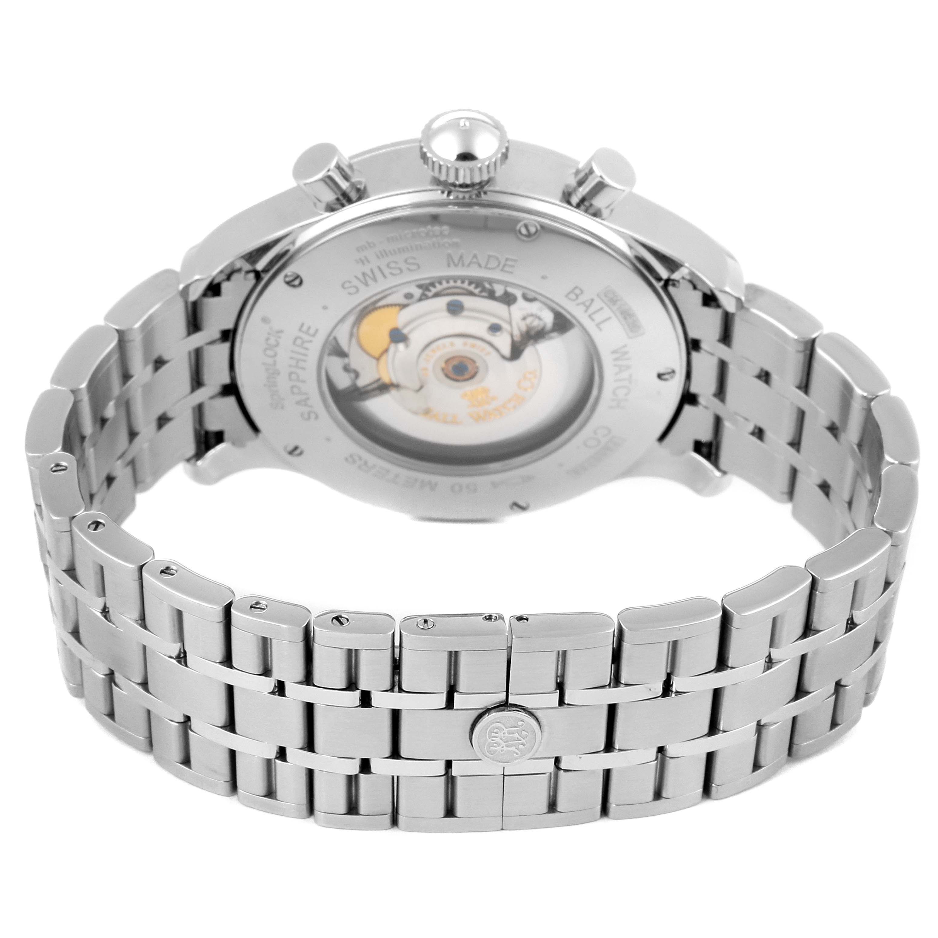 The image shows the back view of the Ball Trainmaster CM1052D-S3J-WH Men's Stainless Steel White Dial CM1052D-S3J-WH Men's Stainless Steel White Dial watch, highlighting its stainless steel bracelet and transparent case back.