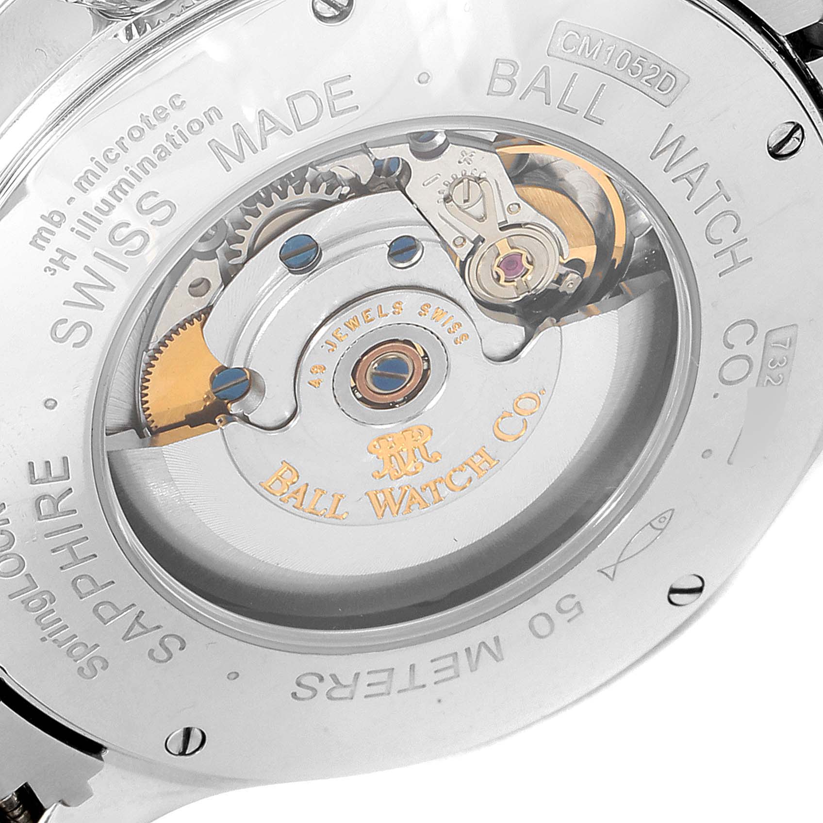 This image shows the back of the Ball Trainmaster CM1052D-S3J-WH Men's Stainless Steel White Dial CM1052D-S3J-WH Men's Stainless Steel White Dial watch, highlighting its movement and inner mechanics.