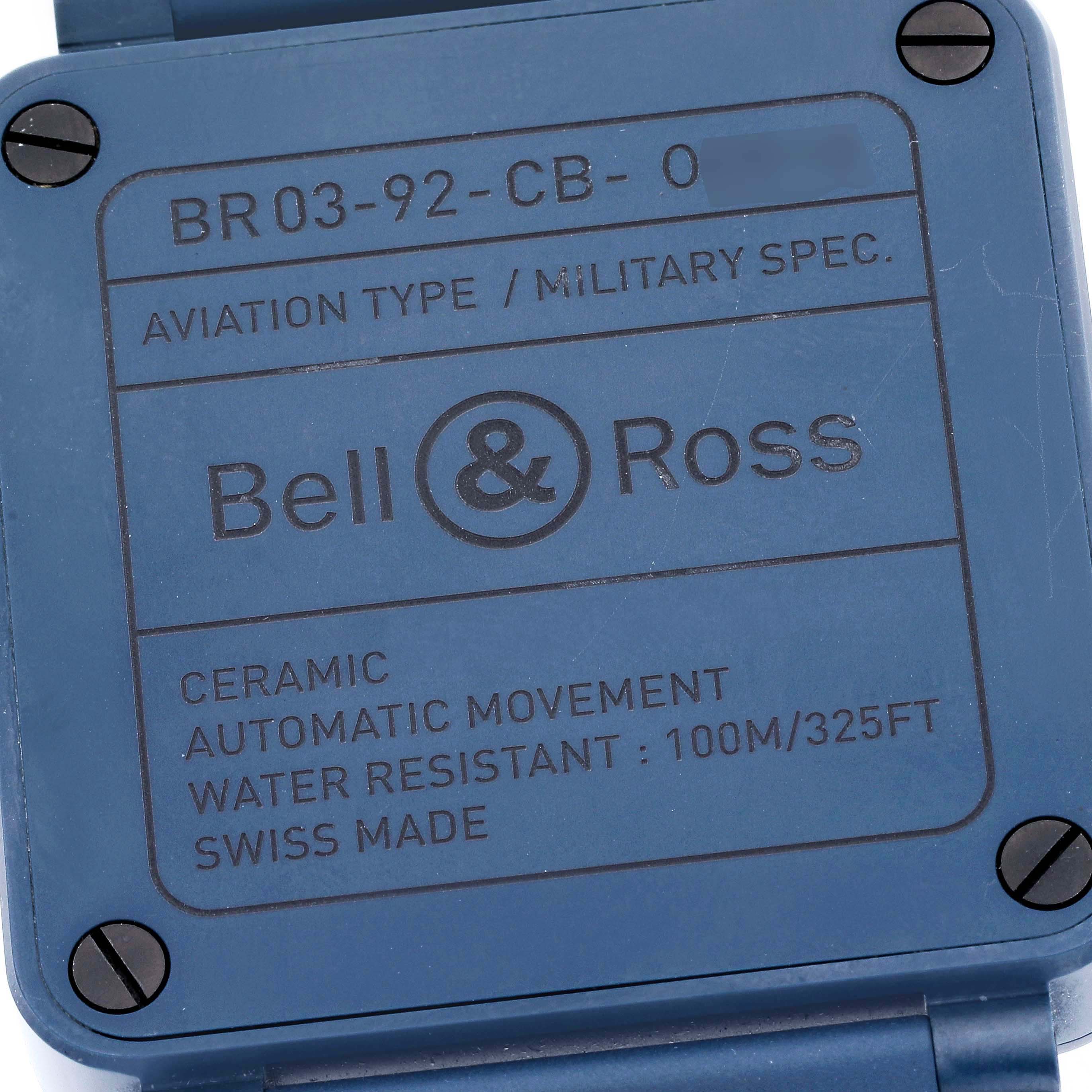 This image shows the back case of a Bell & Ross BR03-92-CB Chronograph watch, detailing specifications like water resistance and movement type.