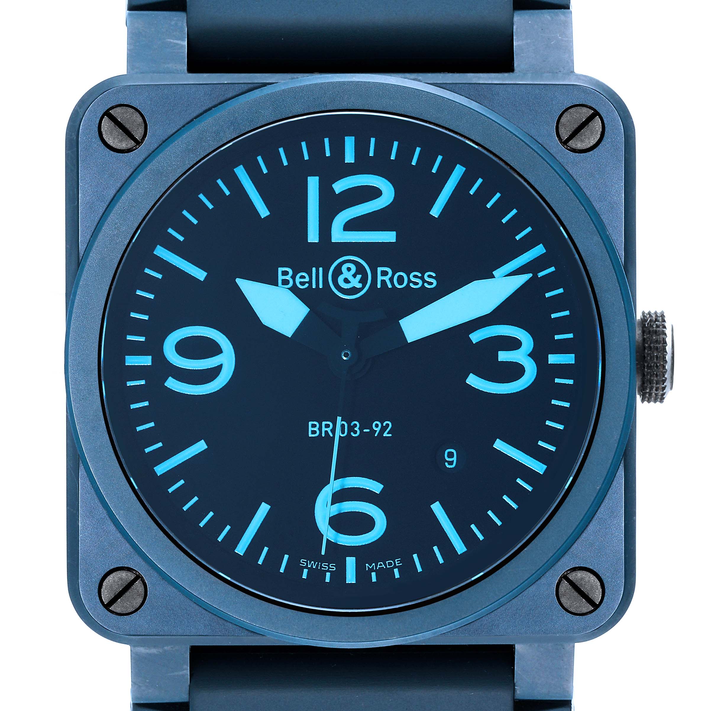 The Bell & Ross Instruments BR03-92-CB Men's Ceramic Blue Dial BR03-92-CB Men's Ceramic Blue Dial model watch is shown from a front angle, displaying the full dial, screw details, and crown.