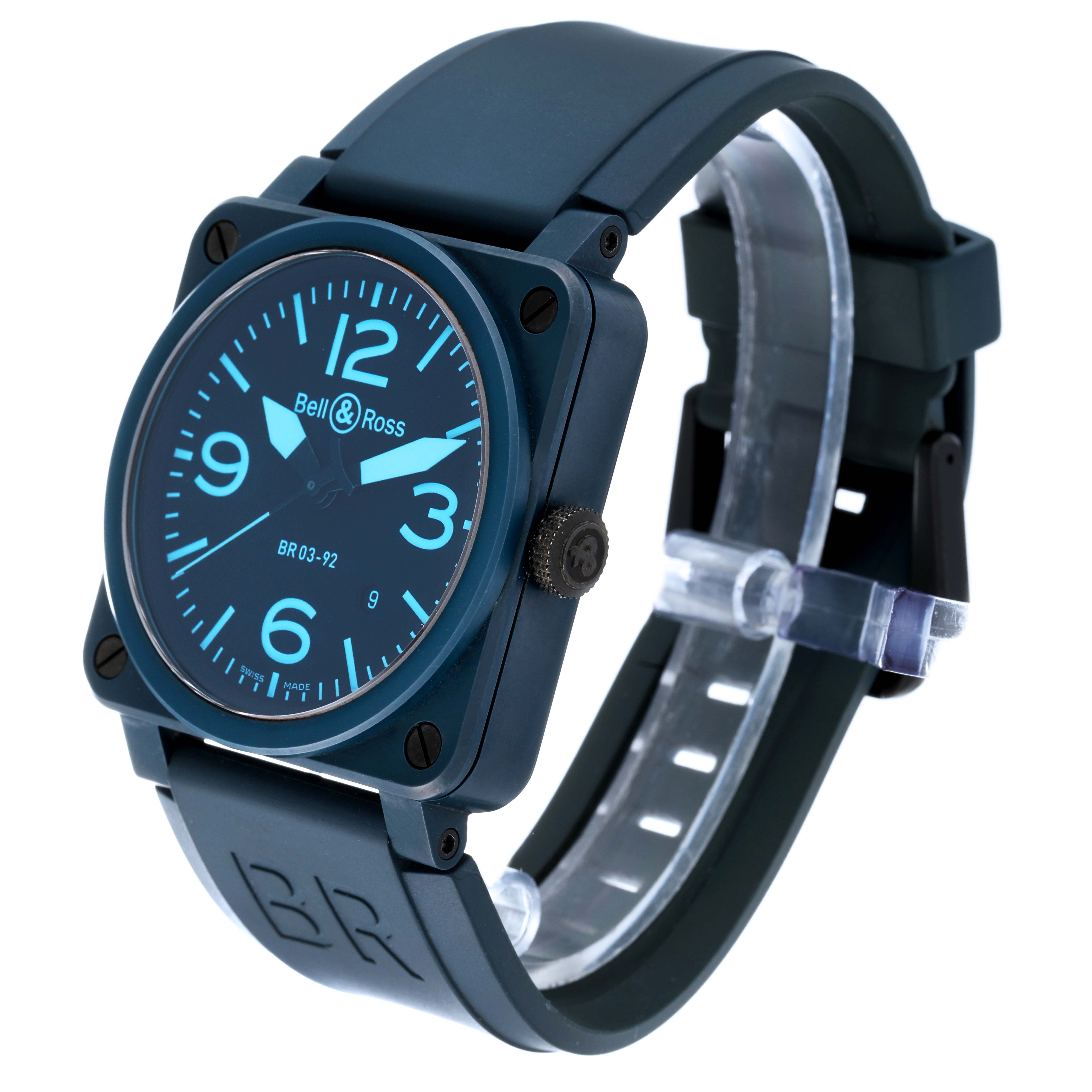 The watch is a Bell & Ross Chronograph model shown at a three-quarter angle, displaying the face, strap, and side crown.