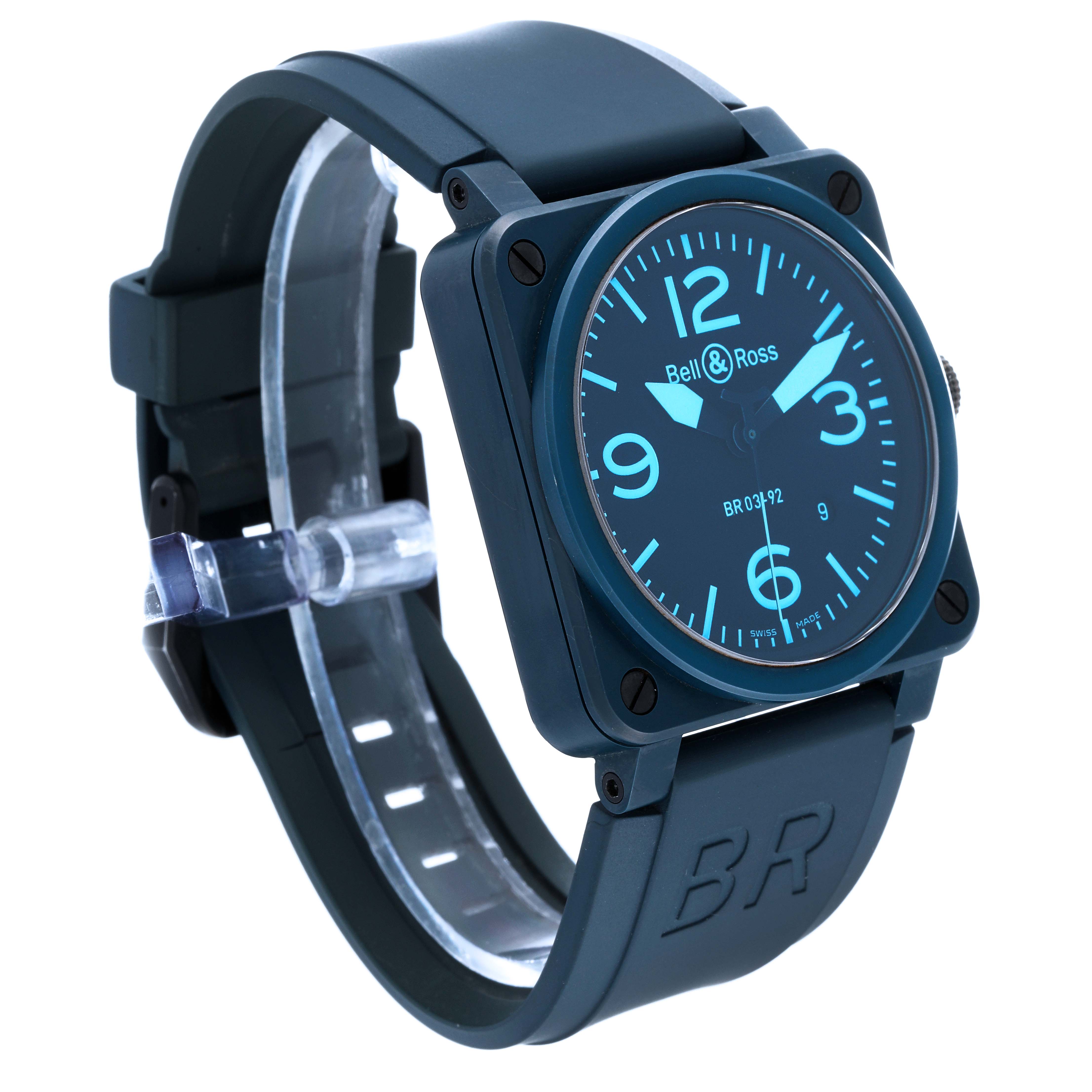 The Bell & Ross Chronograph model is shown at a front angle, highlighting its square case, dial, and strap.