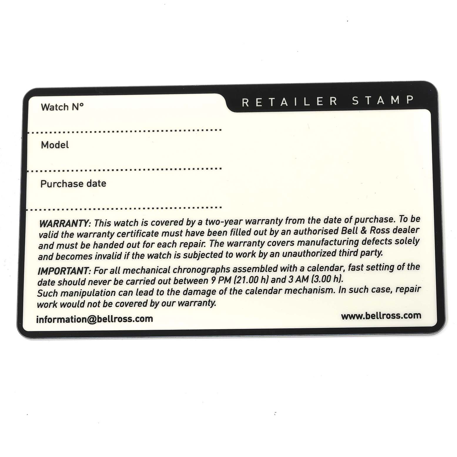 This image shows a Bell & Ross Chronograph model warranty card detailing the warranty terms and conditions.