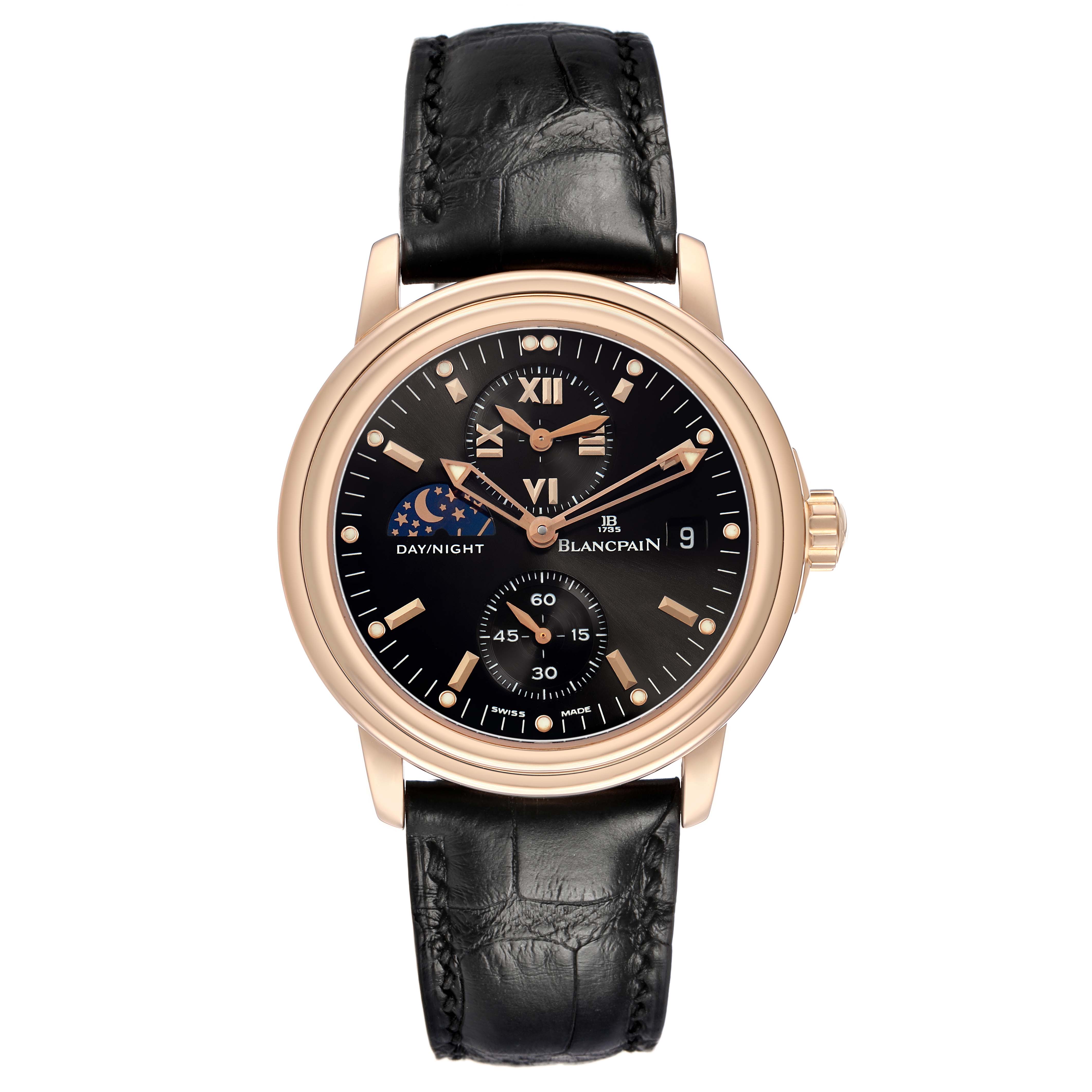 The Blancpain Villeret 2160-3630-53B Men's Rose Gold Black Dial watch is shown from a top-down angle, highlighting its face, hands, day/night indicator, and black leather strap.