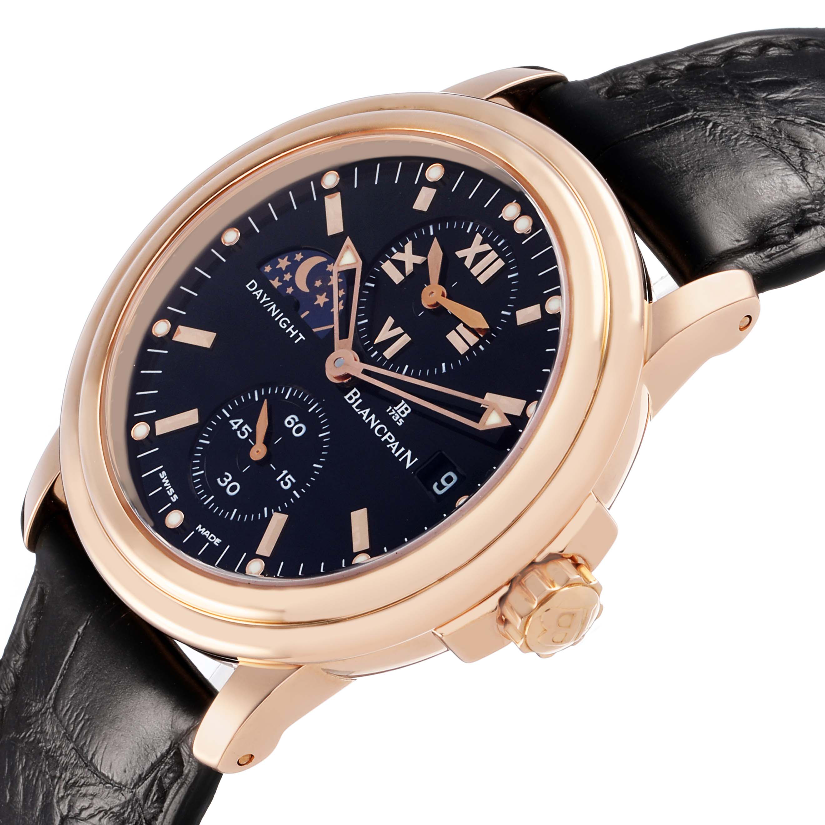 The Blancpain Villeret 2160-3630-53B Men's Rose Gold Black Dial watch is shown at an angle highlighting the face, crown, and part of the strap.