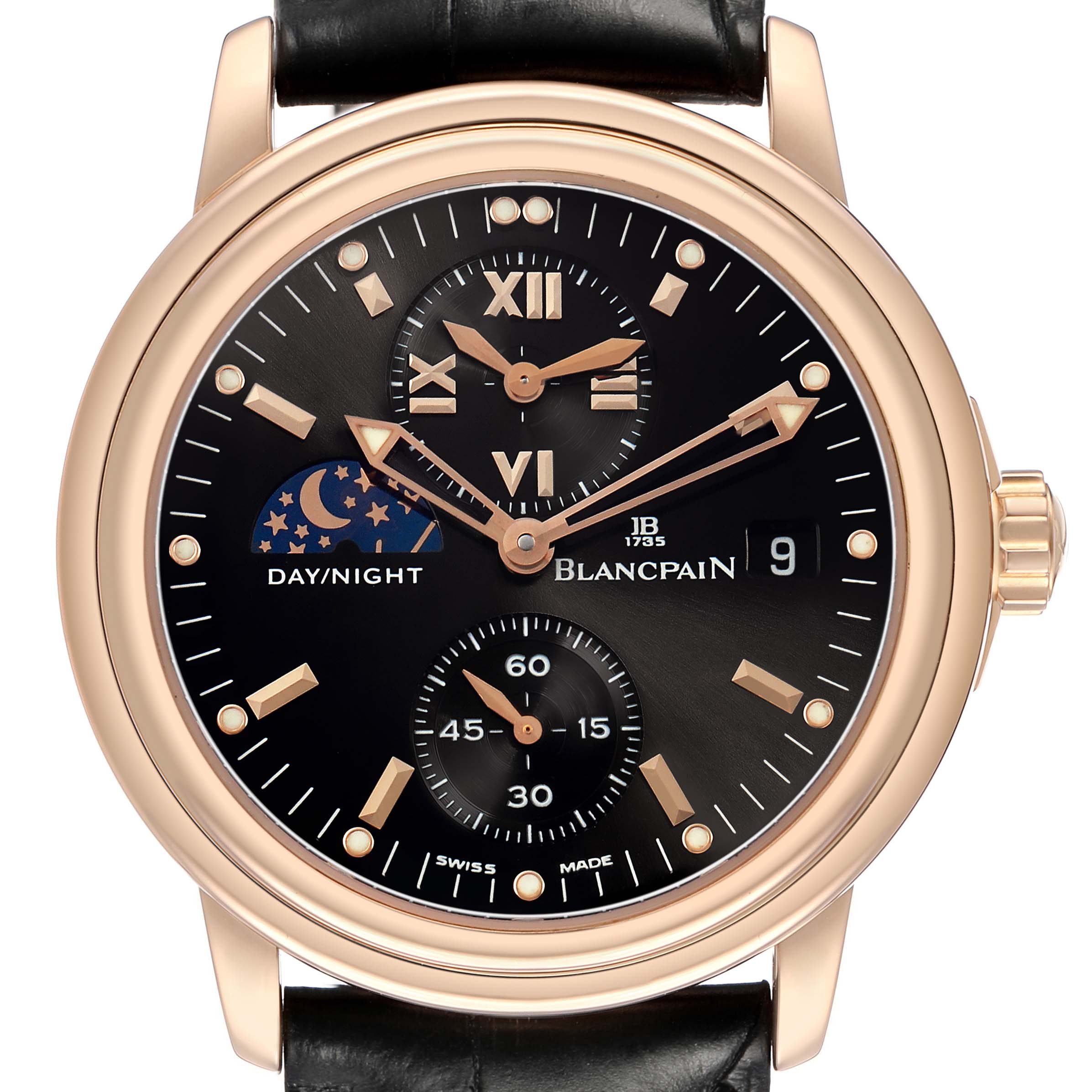 The Blancpain Villeret 2160-3630-53B Men's Rose Gold Black Dial watch is shown from the front, displaying the face, dials, day/night indicator, and crown.