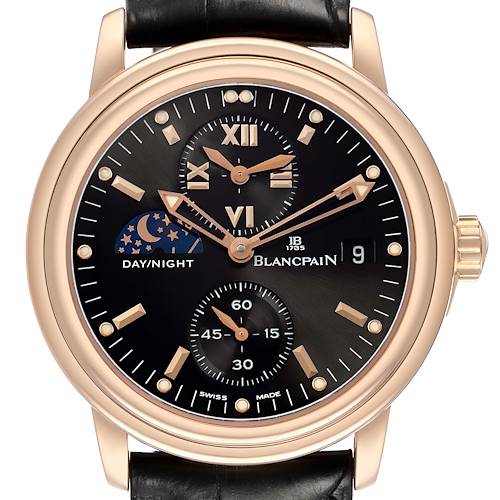 Photo of Blancpain Leman Dual Time Zone Black Dial Rose Gold Mens Watch 2160 Papers