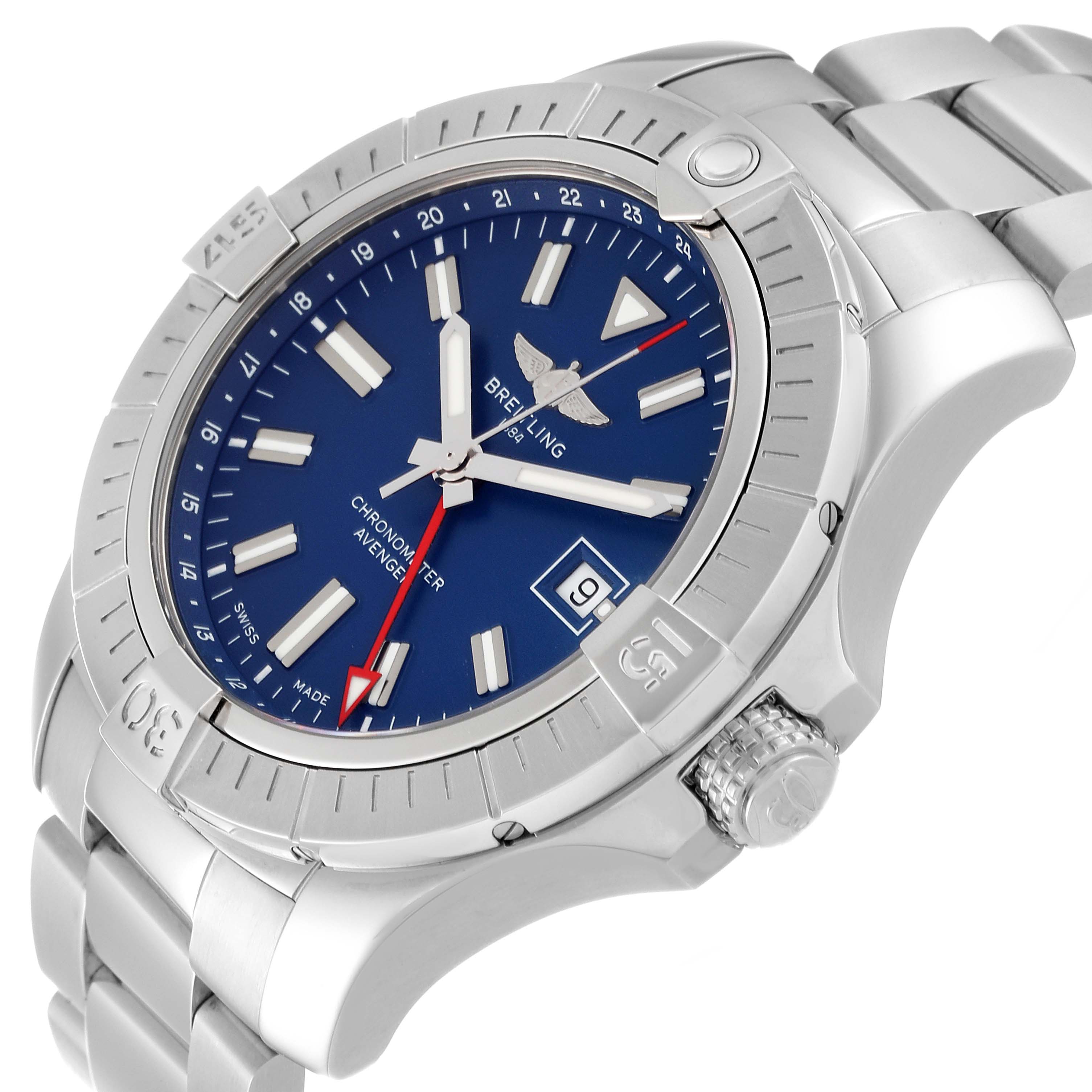 The image shows a tilted side-angle view of the Breitling Avenger A32395 Men's Stainless Steel Blue Dial A32395 Men's Stainless Steel Blue Dial watch, highlighting its blue dial, bezel, date window, and metal strap.