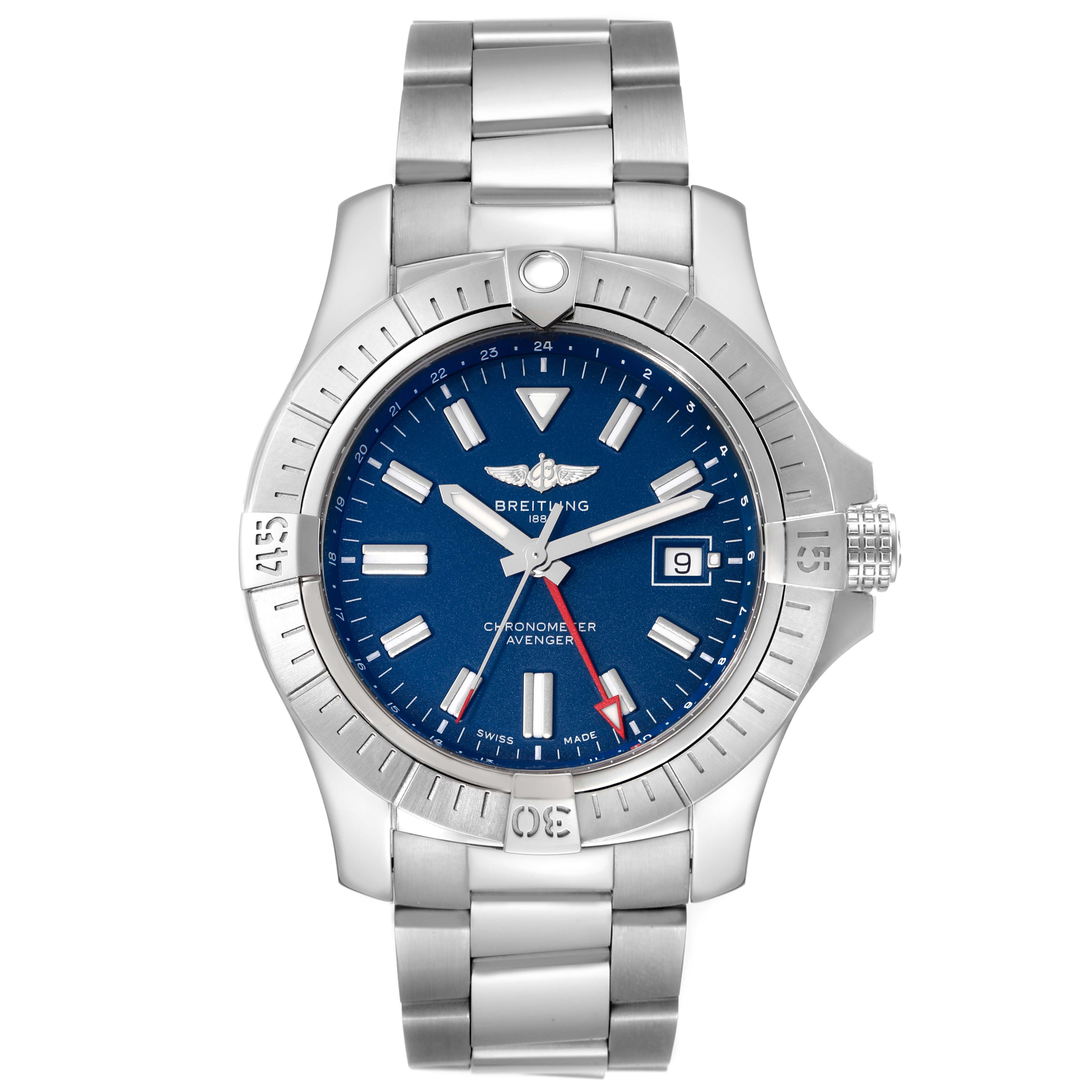 The image shows a frontal view of the Breitling Avenger A32395 Men's Stainless Steel Blue Dial A32395 Men's Stainless Steel Blue Dial watch, highlighting its blue dial, stainless steel bezel, and bracelet.