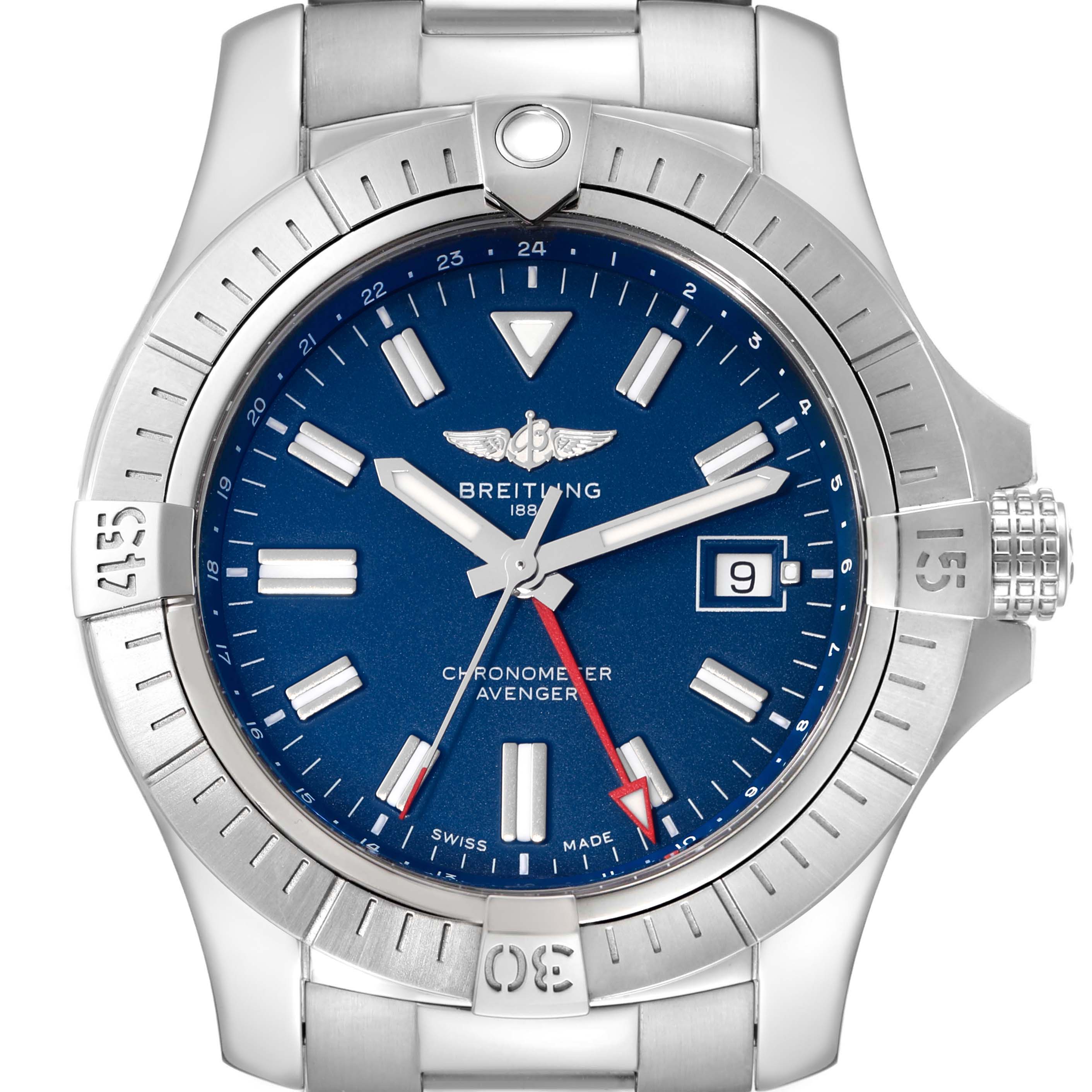 The image shows a top view of the Breitling Avenger A32395 Men's Stainless Steel Blue Dial A32395 Men's Stainless Steel Blue Dial watch, featuring the blue dial, bezel, and part of the bracelet.