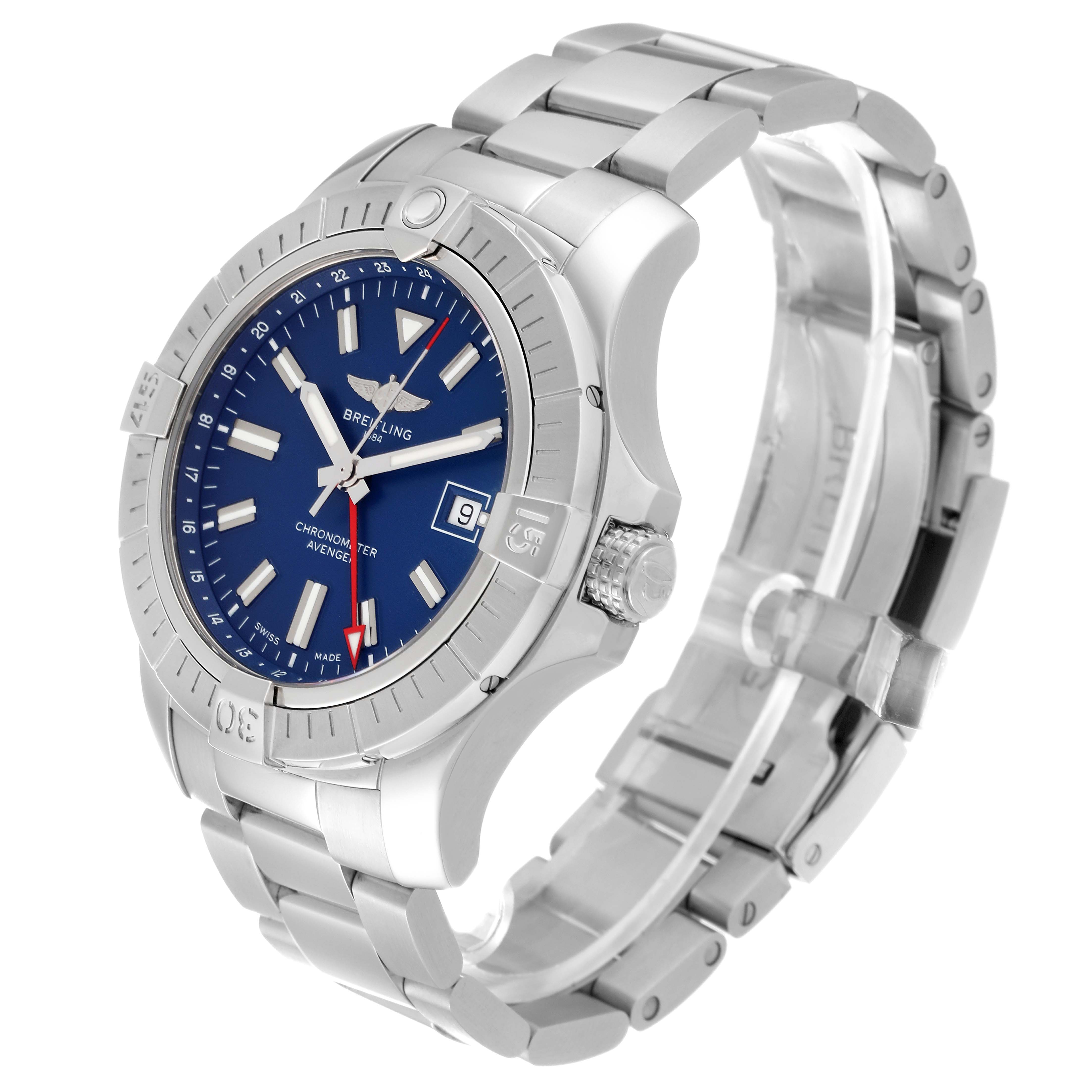 The image shows a Breitling Avenger A32395 Men's Stainless Steel Blue Dial A32395 Men's Stainless Steel Blue Dial watch at an angle highlighting its blue dial, bezel, crown, and stainless steel bracelet.