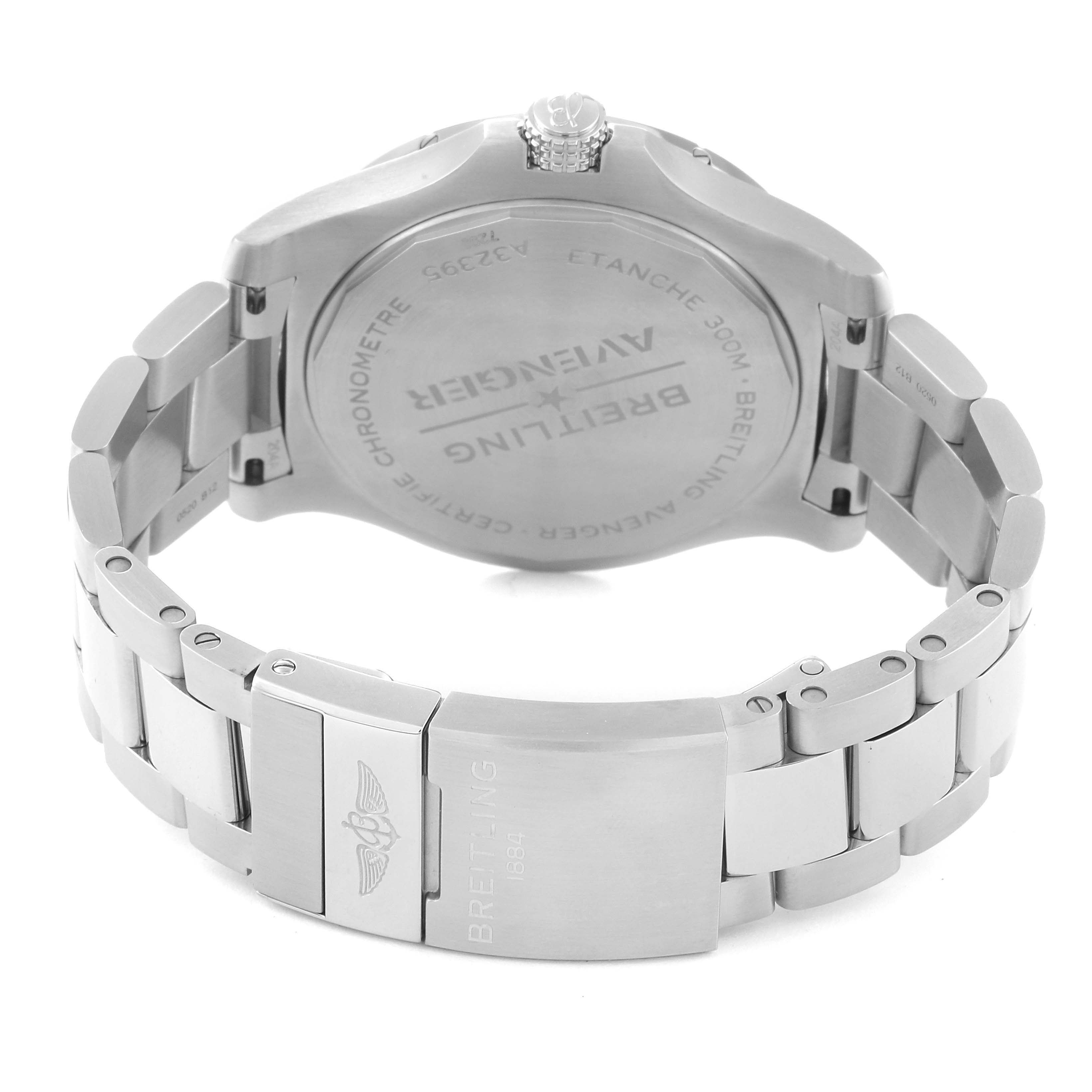 The image shows the stainless steel back case and bracelet clasp of a Breitling Avenger A32395 Men's Stainless Steel Blue Dial A32395 Men's Stainless Steel Blue Dial watch from a rear angle.