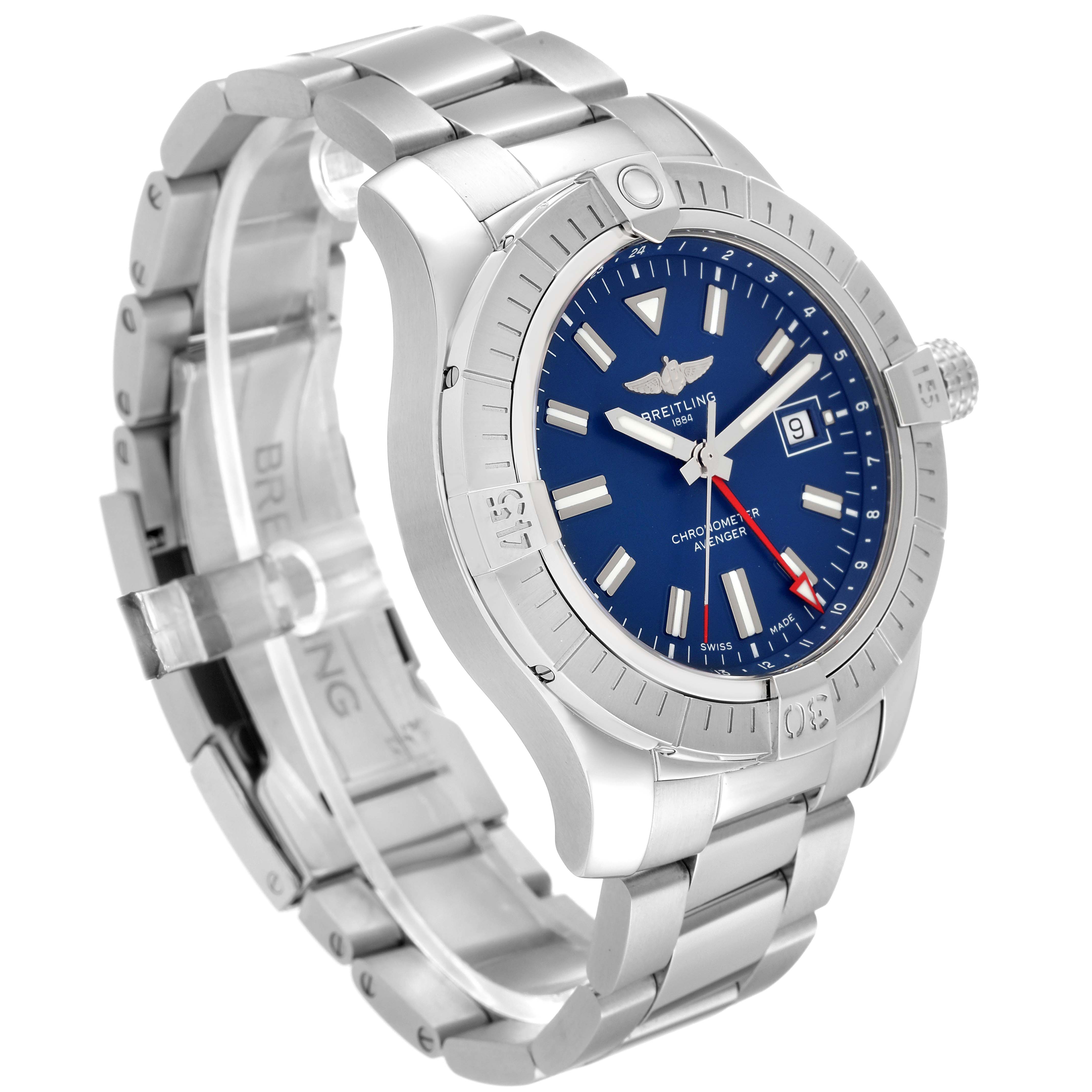 This image shows the front and side view of a Breitling Avenger A32395 Men's Stainless Steel Blue Dial A32395 Men's Stainless Steel Blue Dial watch, highlighting its metallic bracelet, bezel, and blue dial.