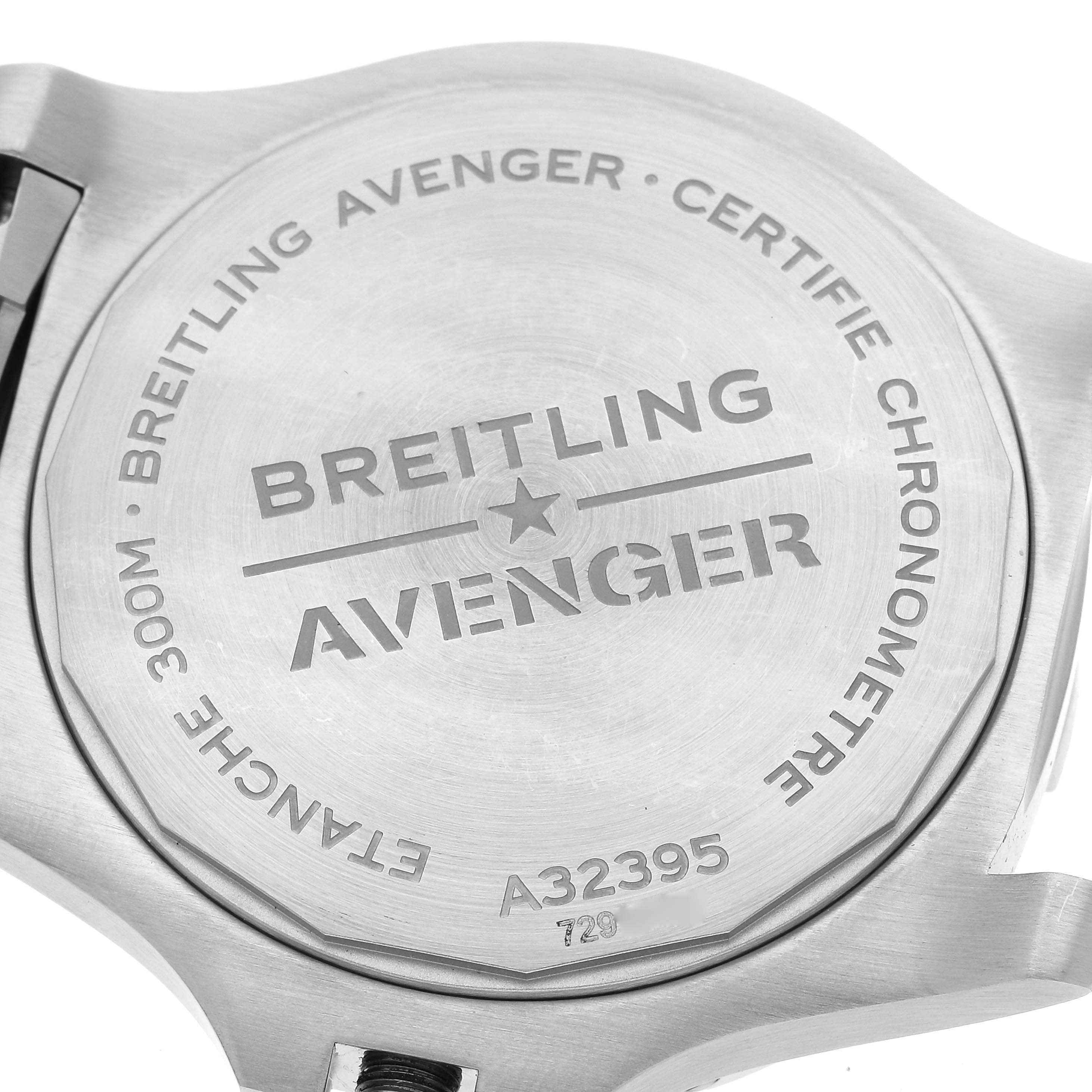 The image shows the case back of a Breitling Avenger A32395 Men's Stainless Steel Blue Dial A32395 Men's Stainless Steel Blue Dial watch with engraved details facing upward.