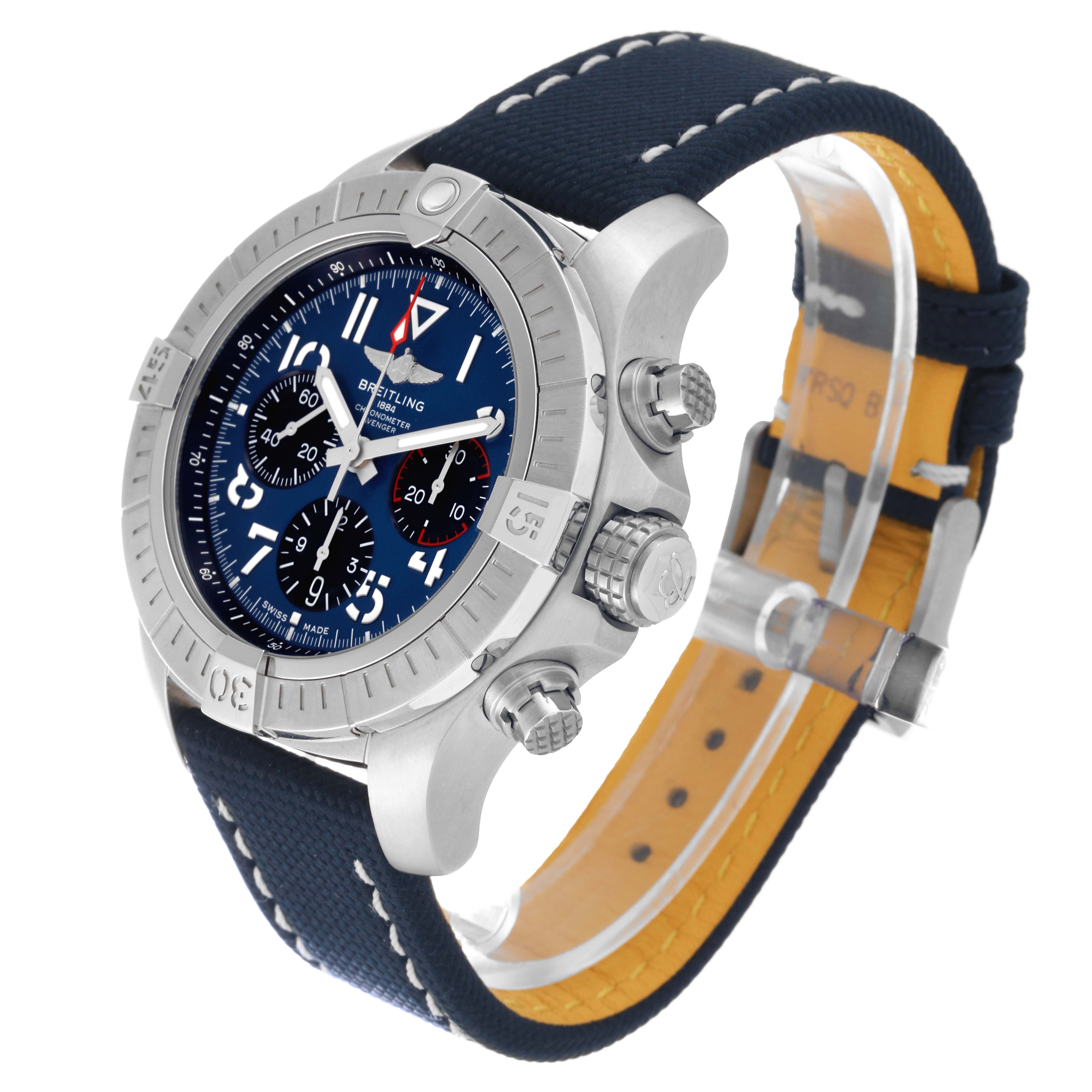 The Breitling Avenger AB01821A1C1X1 Men's Stainless Steel Blue Dial AB01821A1C1X1 Men's Stainless Steel Blue Dial watch is shown at a three-quarter angle, highlighting the bezel, dial, pushers, crown, and strap.
