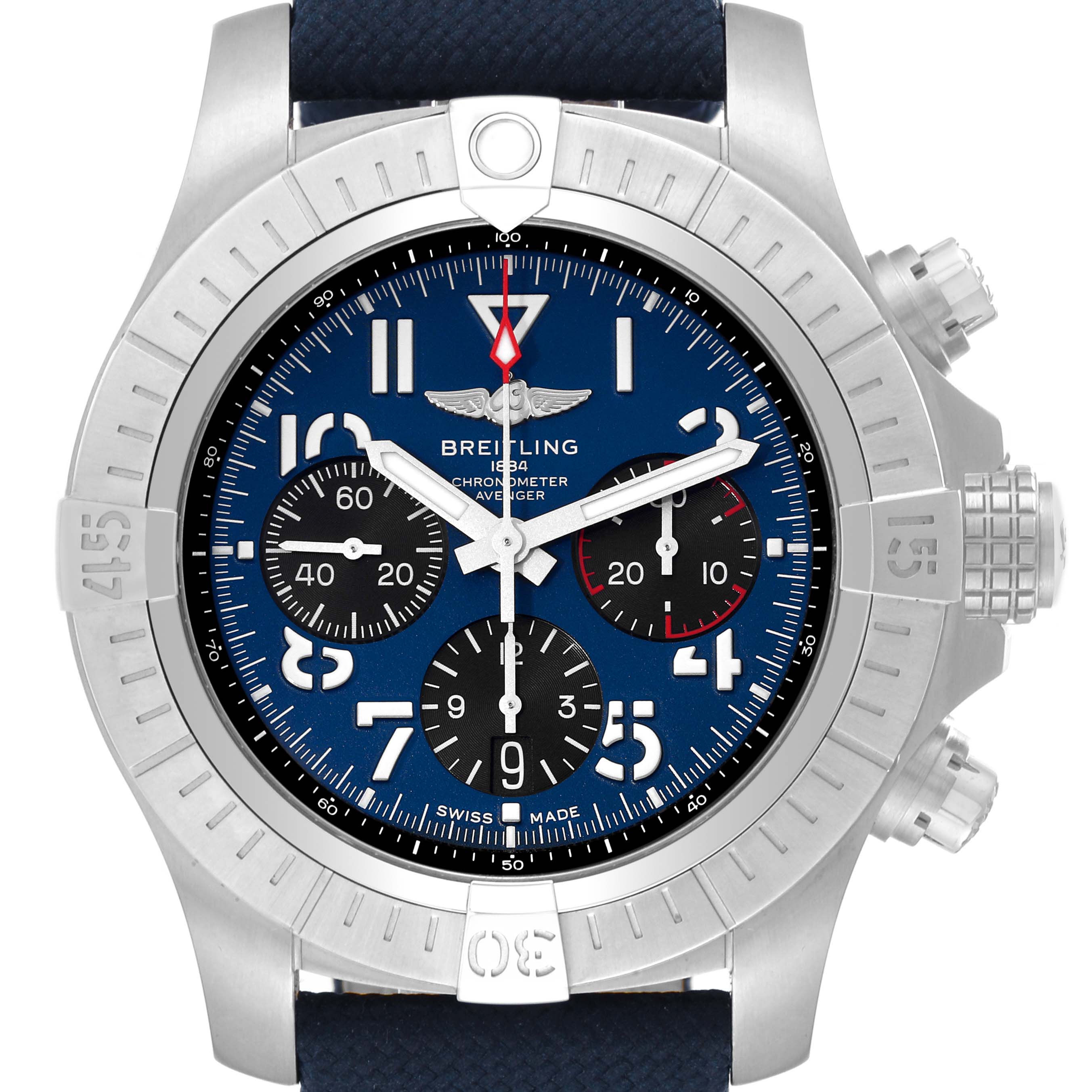 The image shows a front view of the Breitling Avenger AB01821A1C1X1 Men's Stainless Steel Blue Dial AB01821A1C1X1 Men's Stainless Steel Blue Dial model watch, highlighting its bezel, dial, chronograph subdials, and crown.