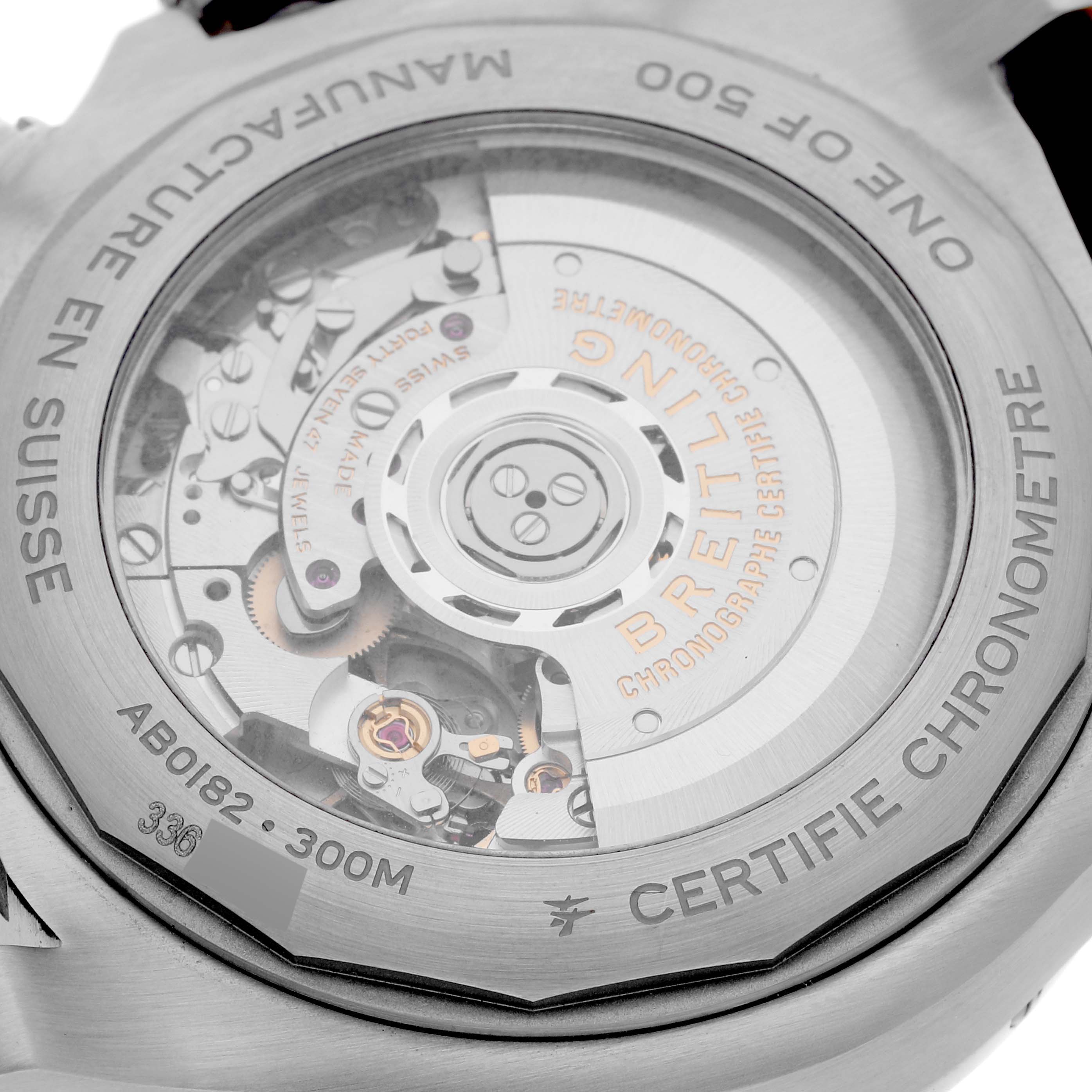 The image depicts the backside of the Breitling Avenger AB01821A1C1X1 Men's Stainless Steel Blue Dial AB01821A1C1X1 Men's Stainless Steel Blue Dial watch, highlighting its inner mechanical movements and engravings.