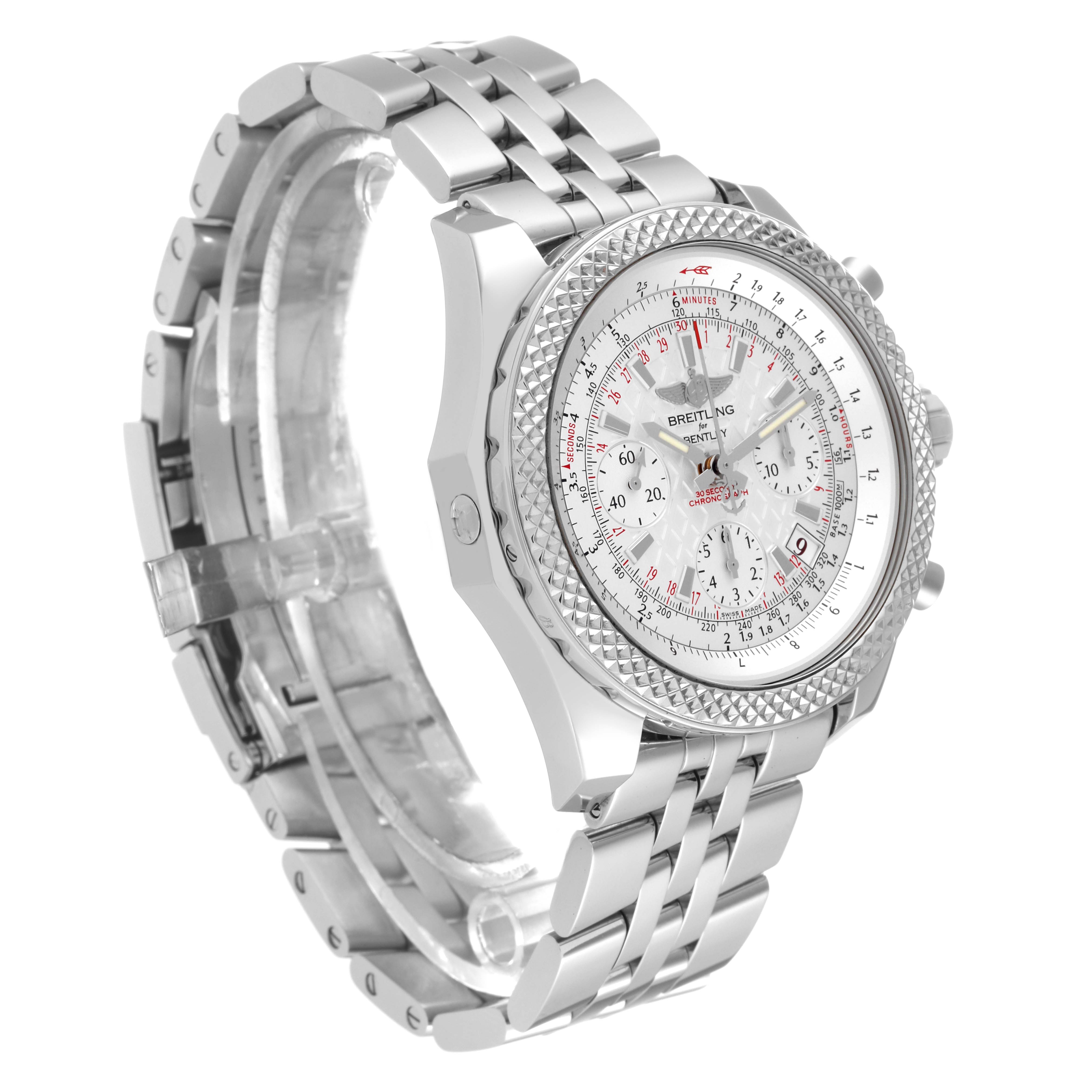 This image shows a Breitling Bentley AB061221/G810-980A Men's Stainless Steel Silver Dial AB061221/G810-980A Men's Stainless Steel Silver Dial model watch from a side angle, featuring its dial, bezel, and metal bracelet.