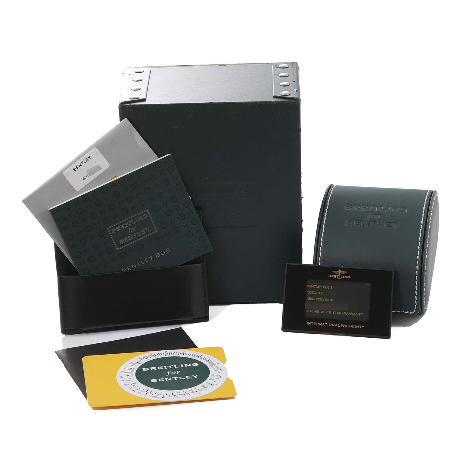 The image shows packaging, manuals, warranty cards, and a travel case for a Breitling Bentley AB061221/G810-980A Men's Stainless Steel Silver Dial AB061221/G810-980A Men's Stainless Steel Silver Dial watch, all taken from a front angle.