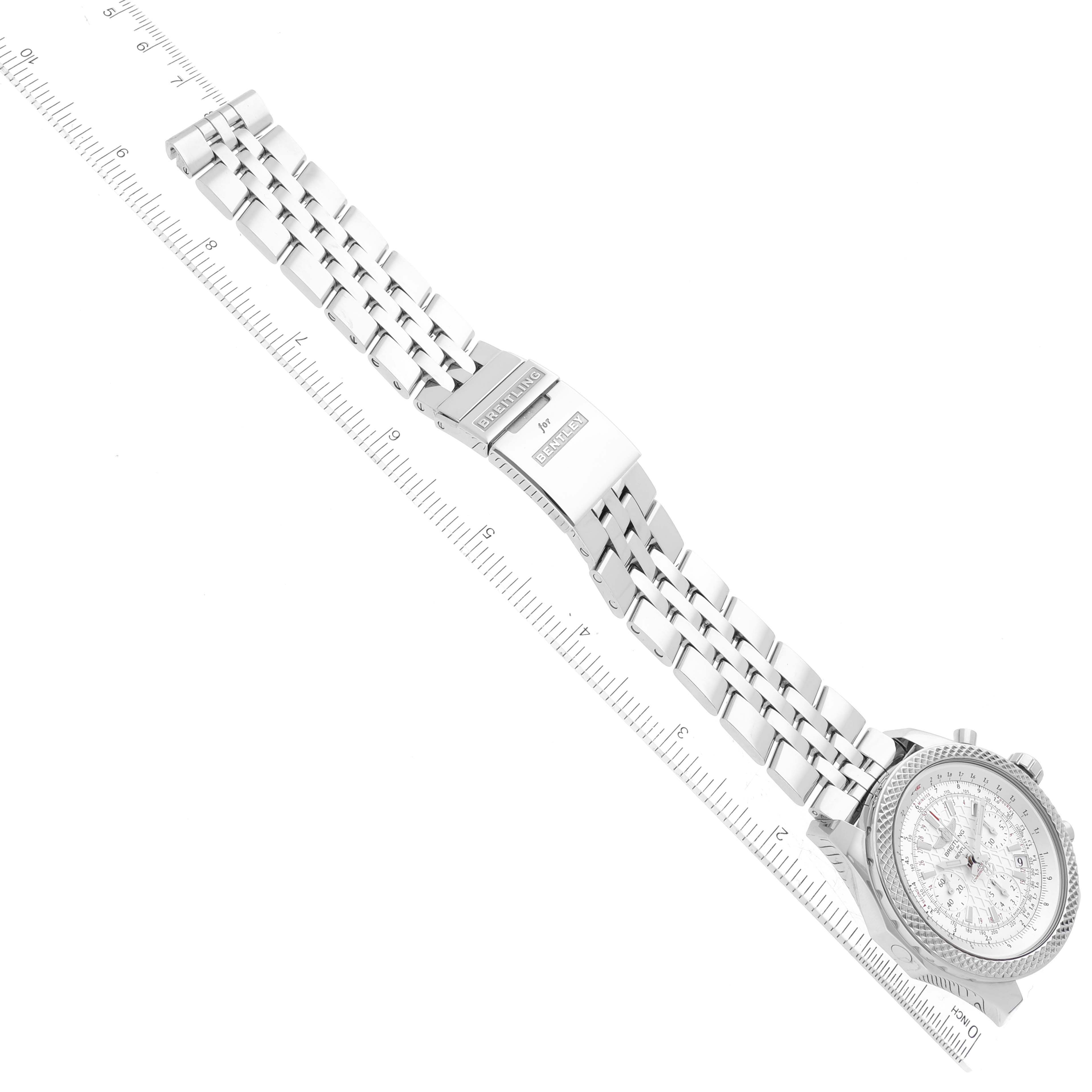 The image shows a Breitling Bentley AB061221/G810-980A Men's Stainless Steel Silver Dial AB061221/G810-980A Men's Stainless Steel Silver Dial model watch at an oblique angle, displaying the face and metal strap clearly.