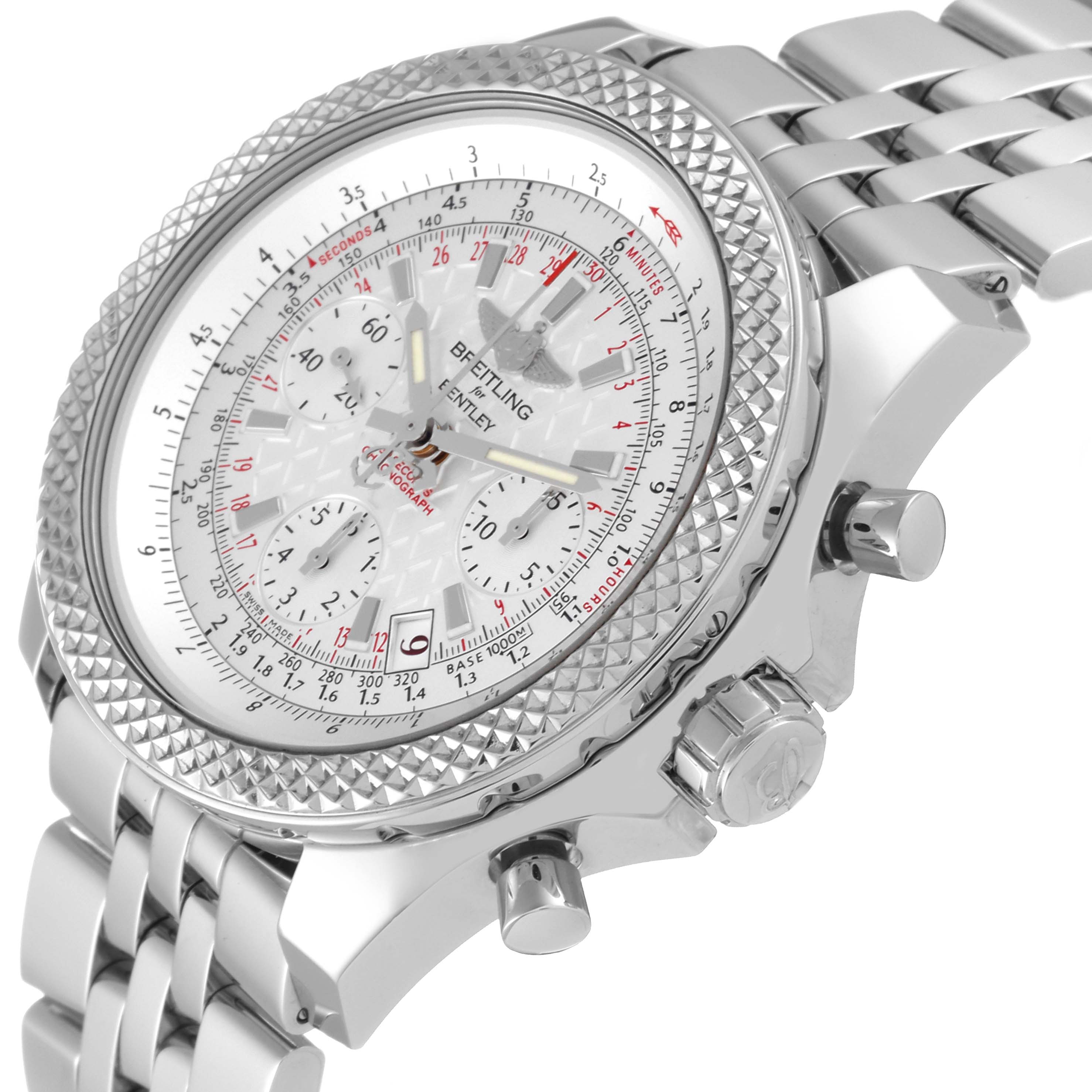 The image displays a close-up, angled view of a Breitling Bentley AB061221/G810-980A Men's Stainless Steel Silver Dial AB061221/G810-980A Men's Stainless Steel Silver Dial model watch, highlighting the dial, bezel, and stainless steel bracelet.