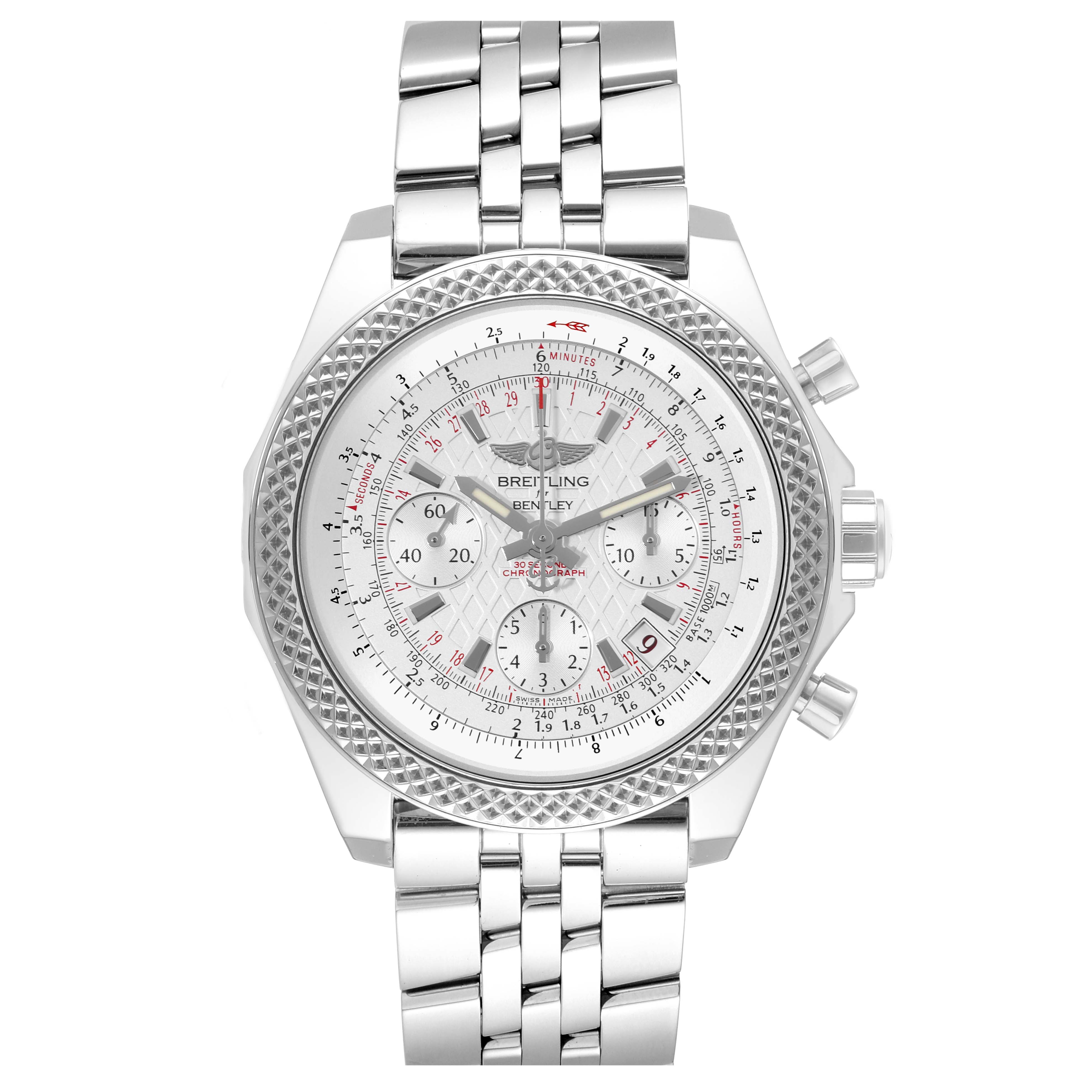 The Breitling Bentley AB061221/G810-980A Men's Stainless Steel Silver Dial AB061221/G810-980A Men's Stainless Steel Silver Dial watch is shown in a front view, displaying its face, bezel, sub-dials, and metal bracelet.