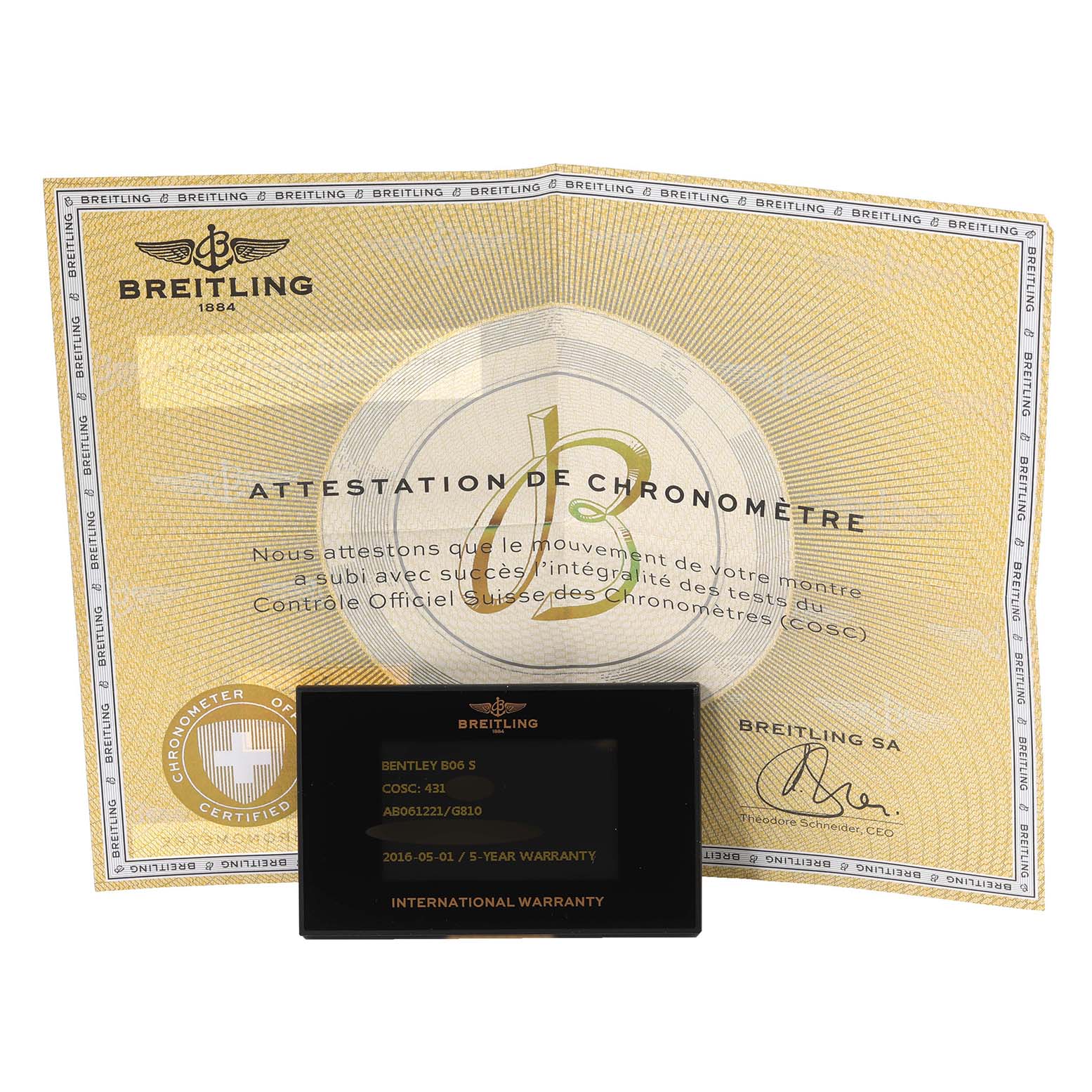 The image shows a Breitling Bentley AB061221/G810-980A Men's Stainless Steel Silver Dial AB061221/G810-980A Men's Stainless Steel Silver Dial model warranty card and a chronometer certification document.