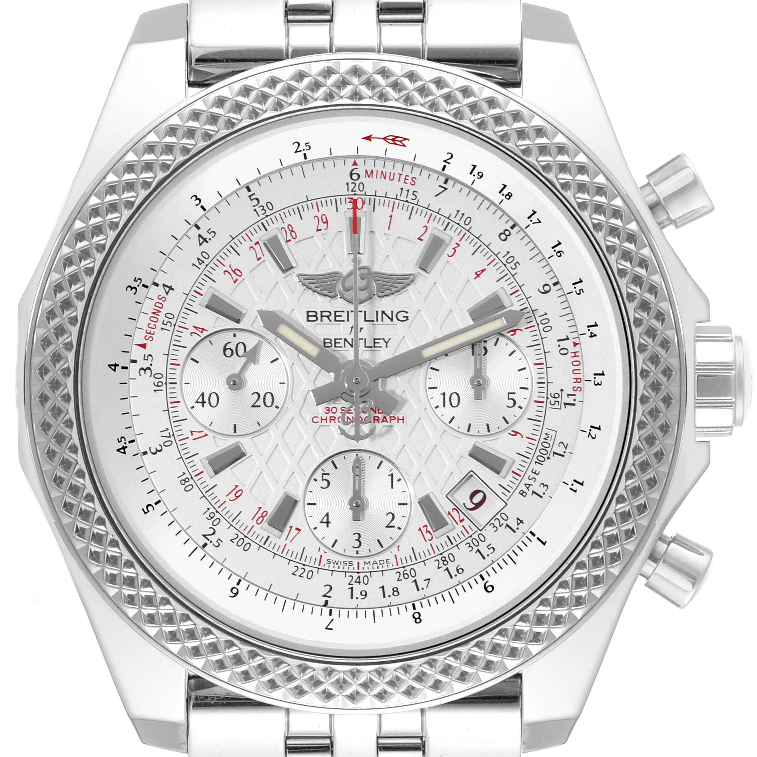 This image shows a front view of a Breitling Bentley AB061221/G810-980A Men's Stainless Steel Silver Dial AB061221/G810-980A Men's Stainless Steel Silver Dial watch, capturing the dial, bezel, crown, subdials, and part of the bracelet.